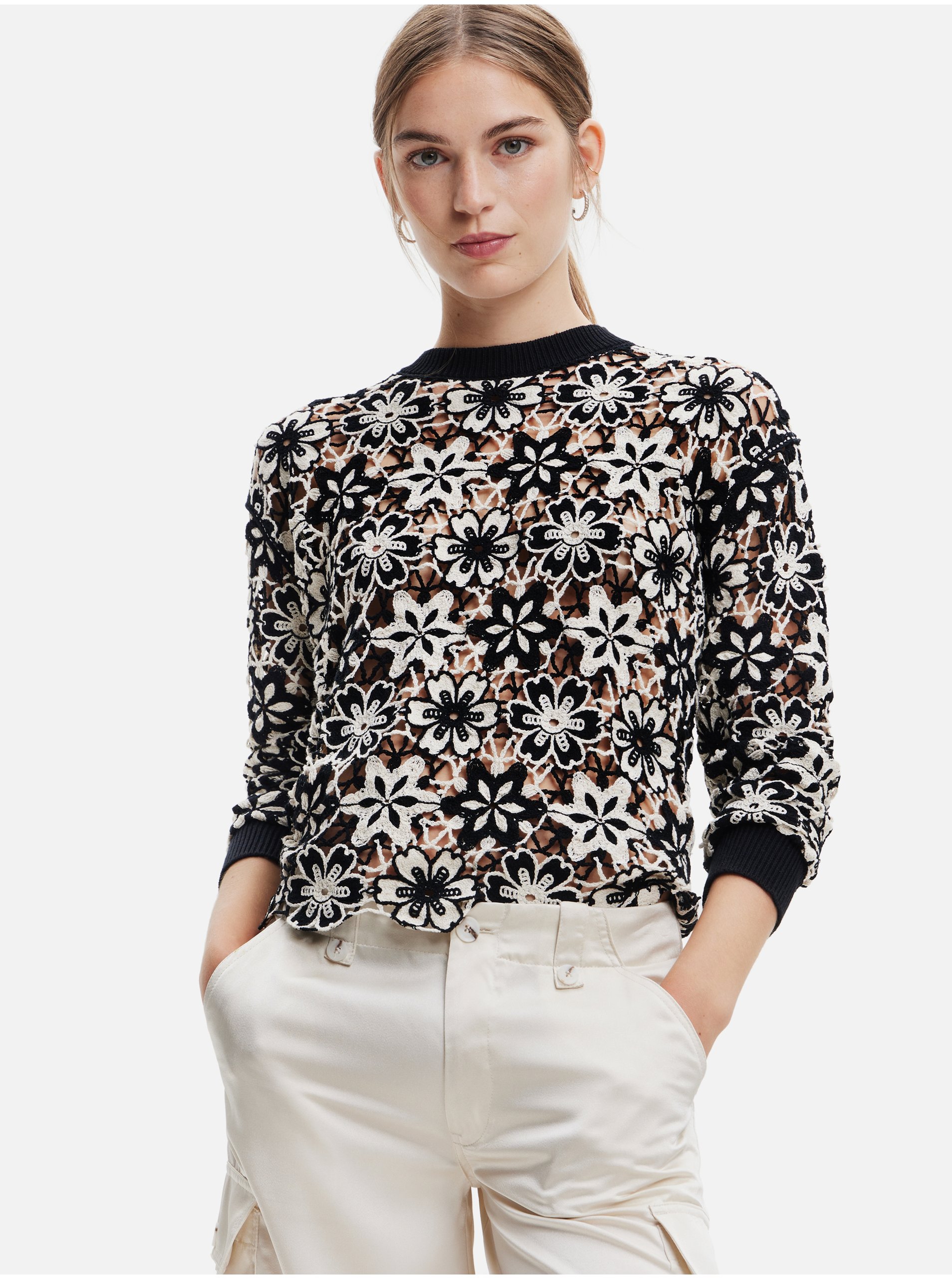 Cream-Black Women Flowered Sweater Desigual Anisa - Women