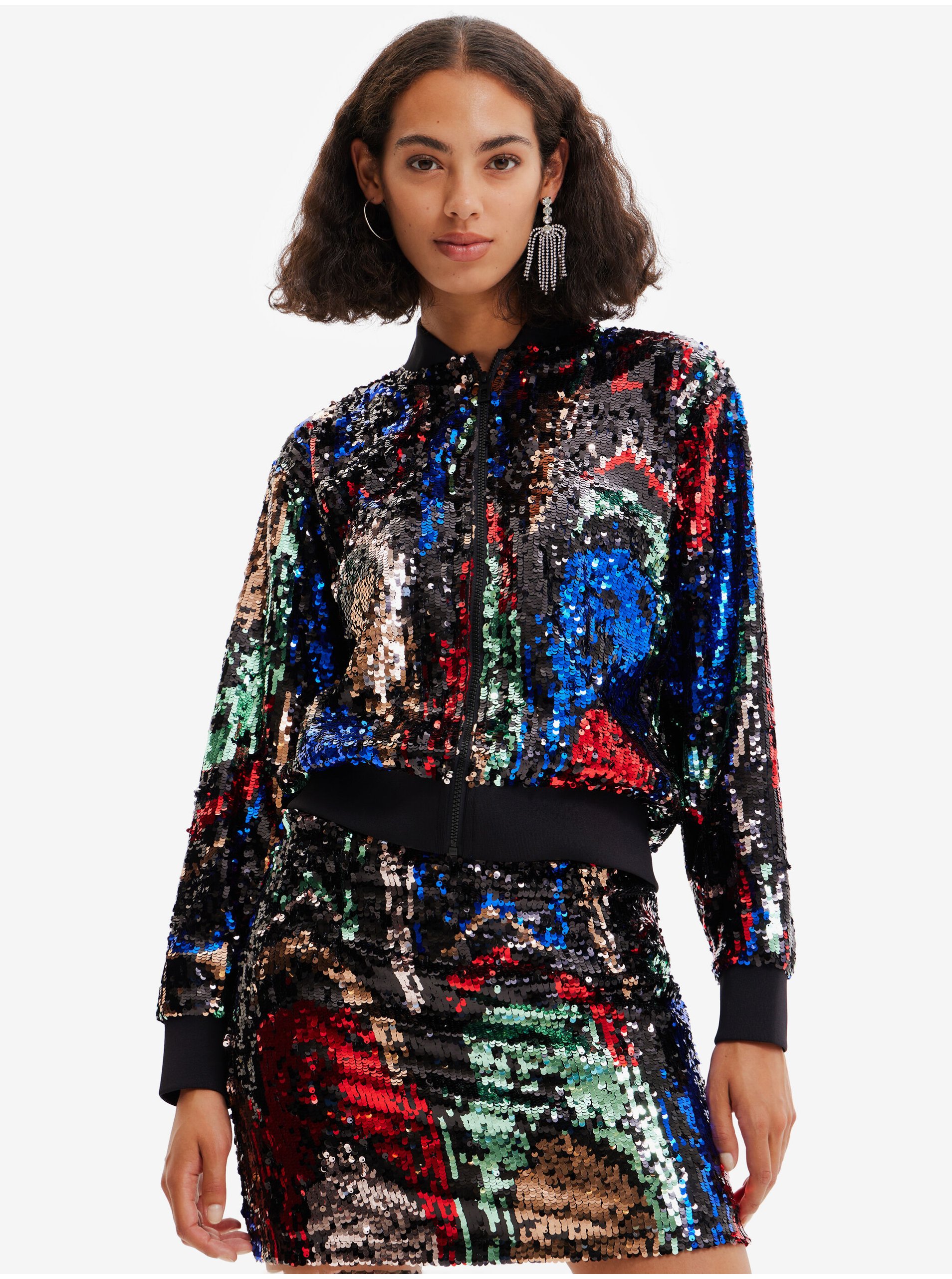 Červeno-černý dámský bomber s flitry Desigual Sequin - Dámské
