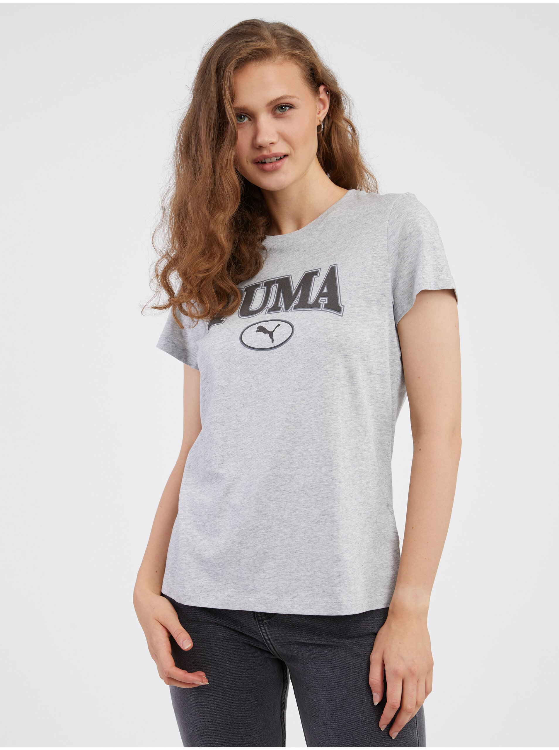 Levně Světle šedé dámské žíhané tričko Puma Squad - Dámské