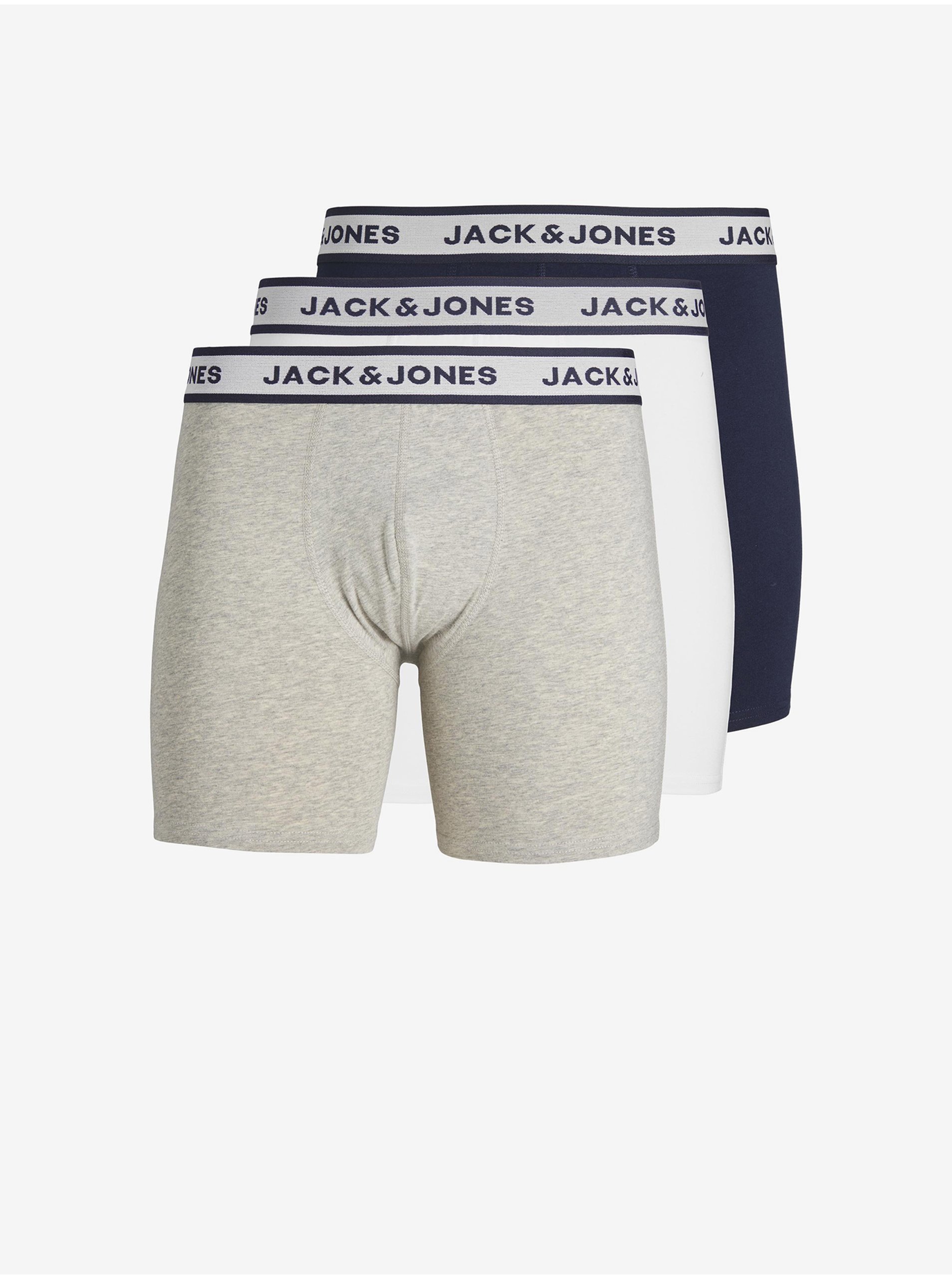 Jack & Jones Set of three men's boxers in light gray, white and dark blue bar - Men