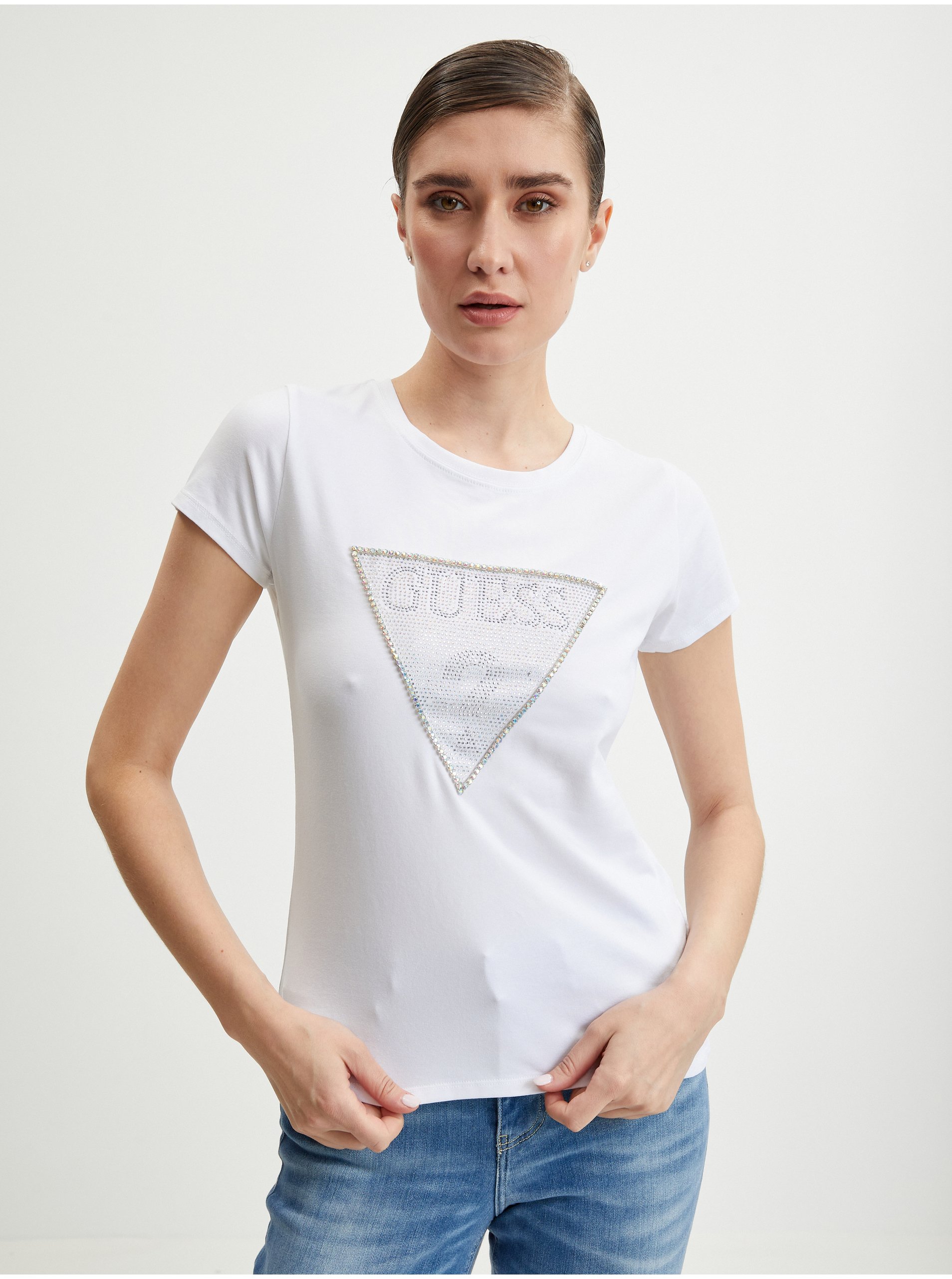 Levně Bílé dámské tričko Guess Crystal - Dámské