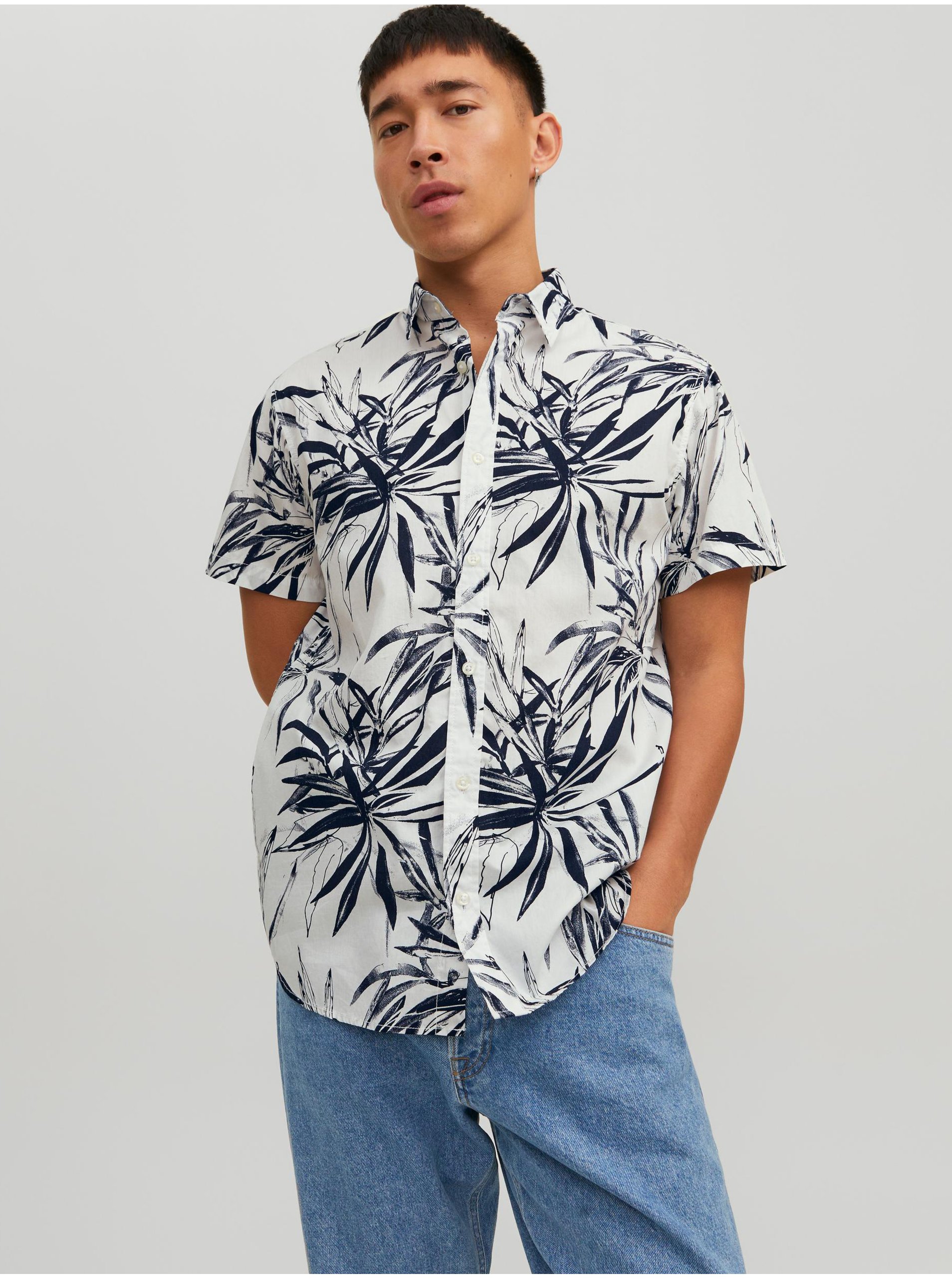 Blue & White Mens Patterned Short Sleeve Shirt Jack & Jones - Men