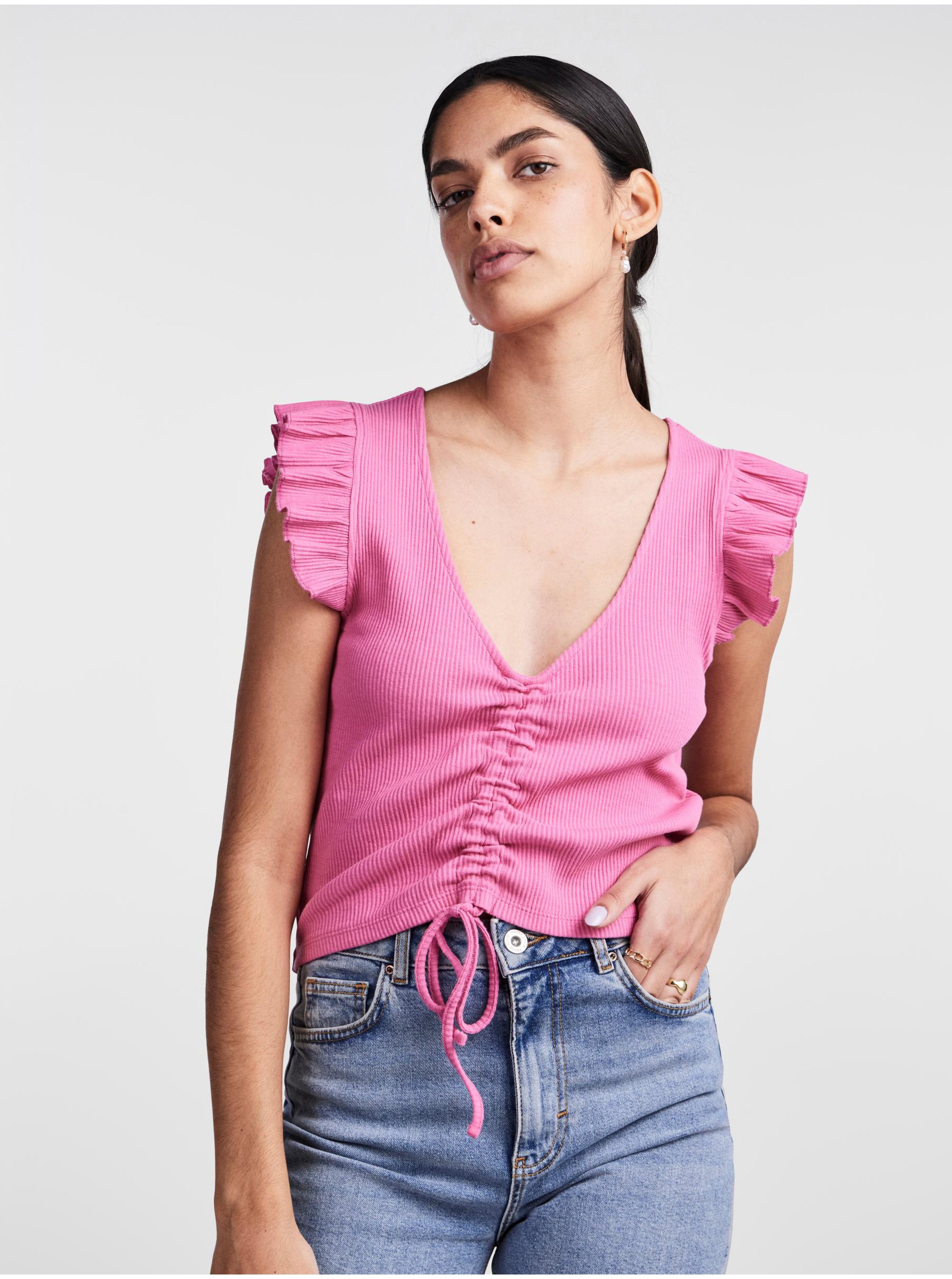 Levně Růžové dámské crop top tričko Pieces Tegan - Dámské