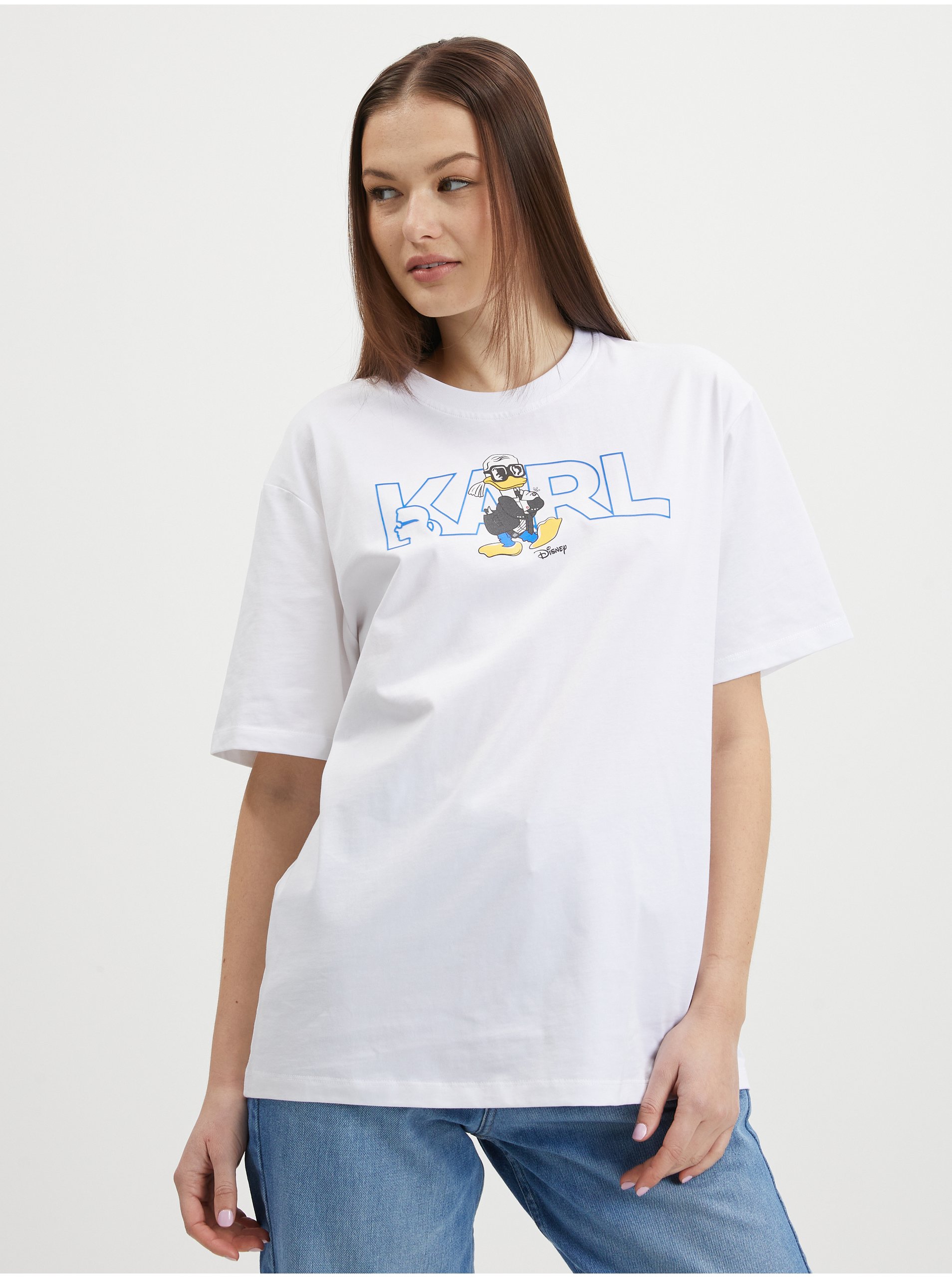 Levně Bílé dámské oversize tričko KARL LAGERFELD x Disney - Dámské