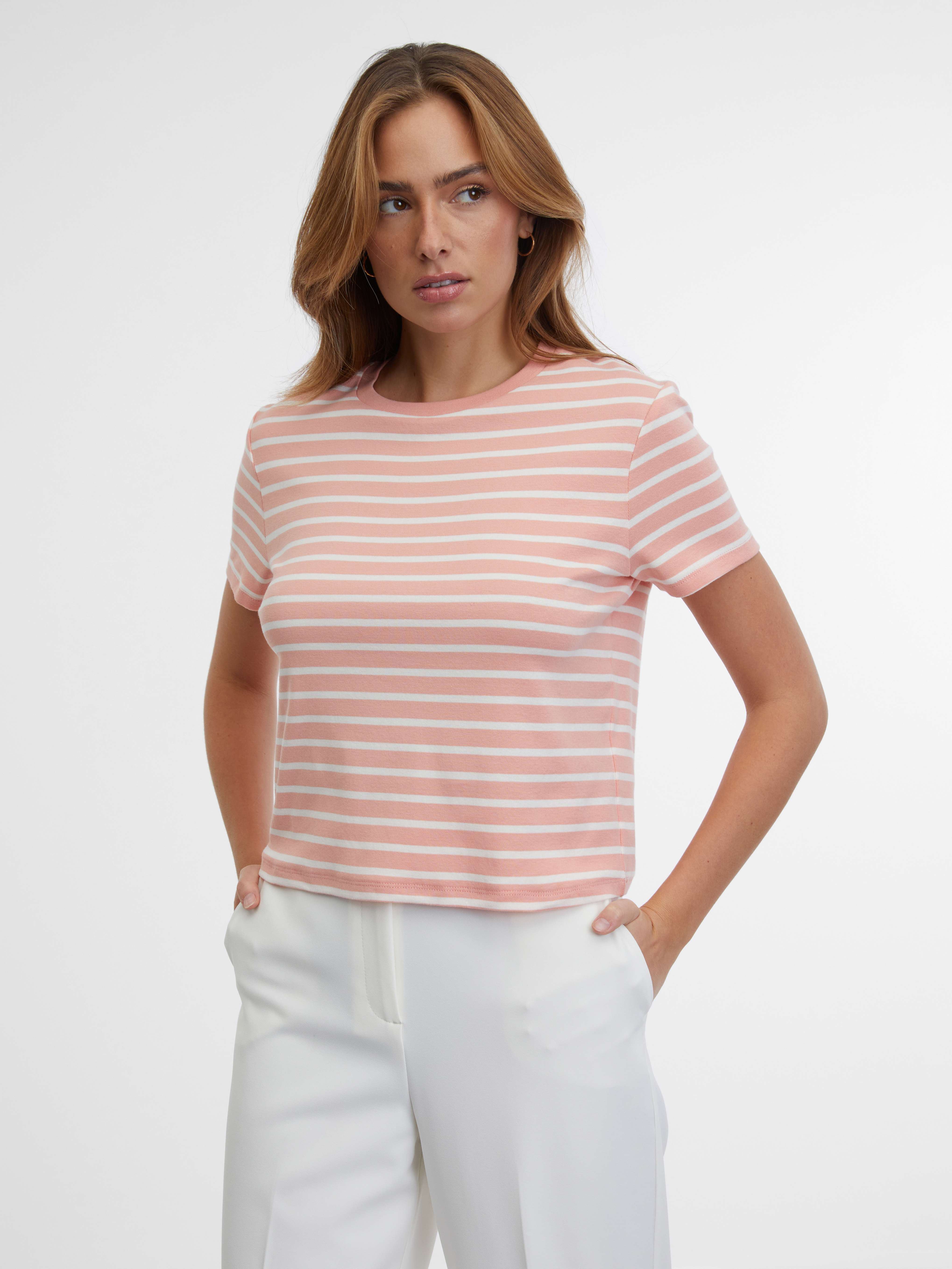 Orsay Krémovo-růžové dámské pruhované tričko - Dámské