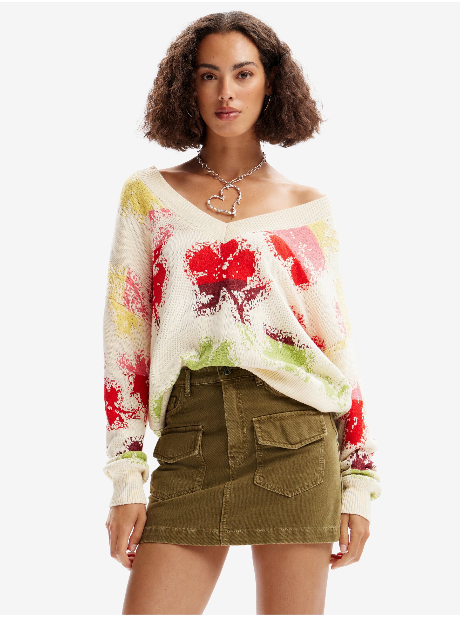 Women's red-cream floral sweater Desigual Join - Women