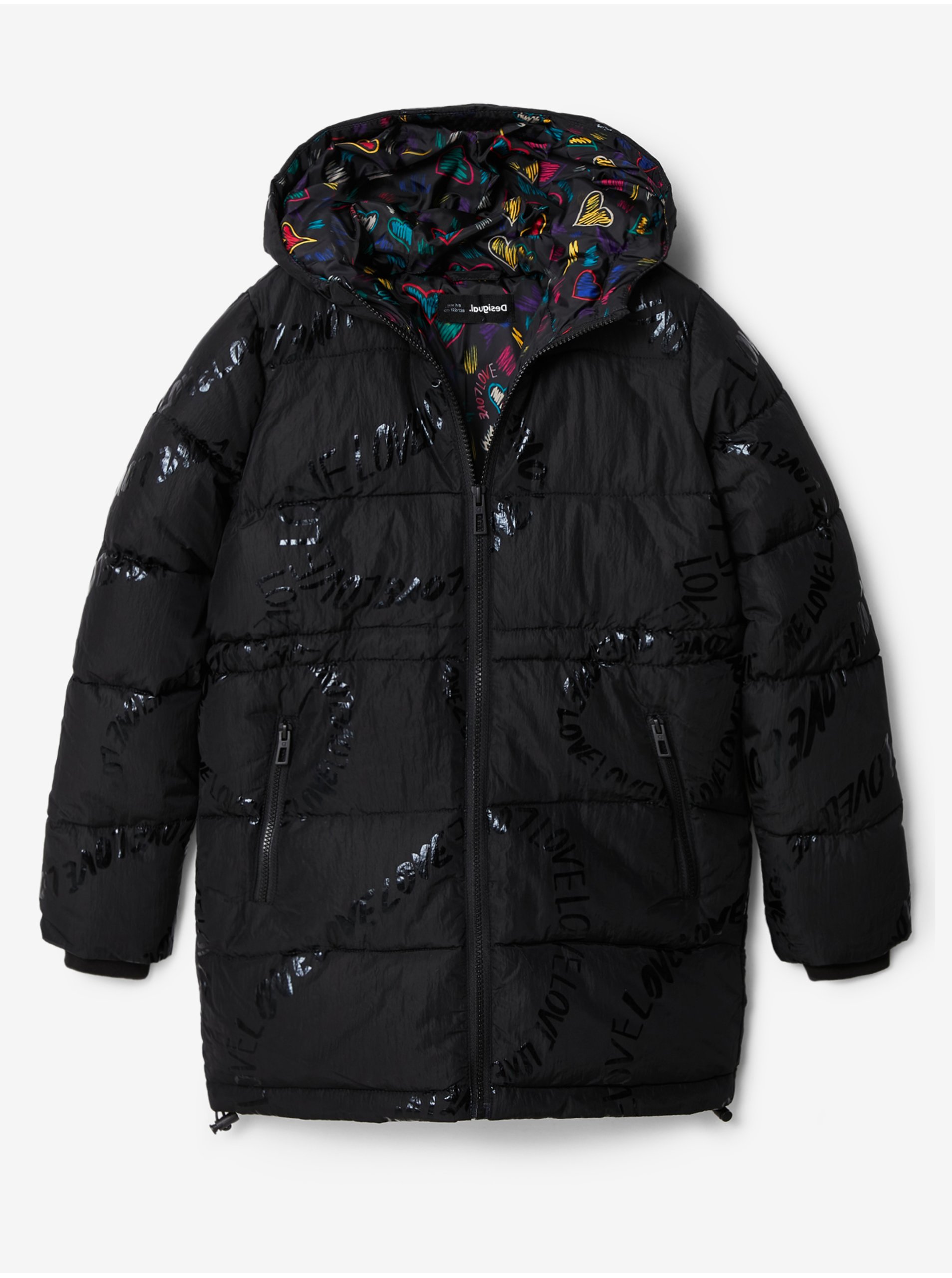 Black Girly Winter Quilted Coat Desigual Letters - Girls