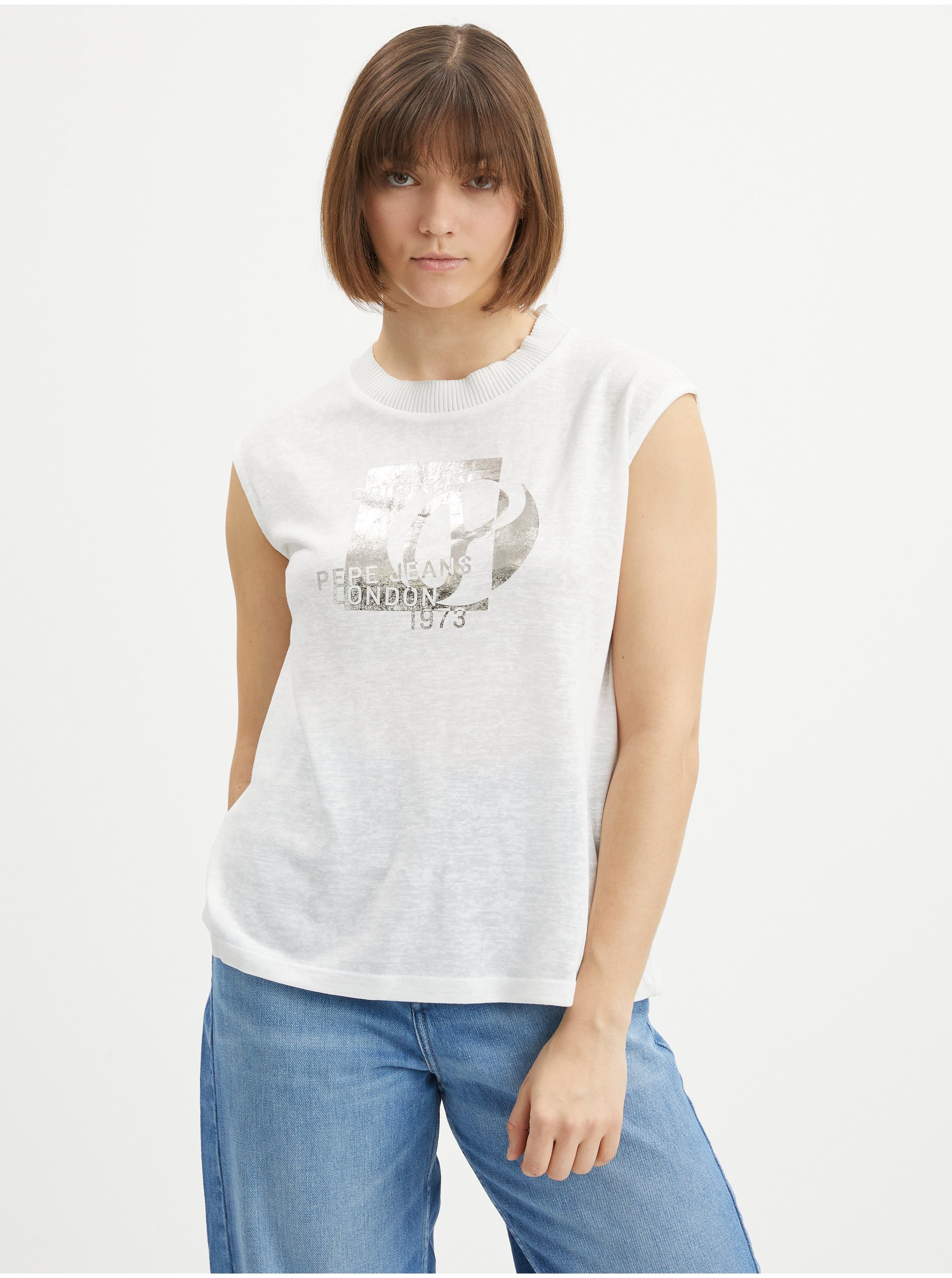 Levně Bílé dámské tričko s potiskem Pepe Jeans Avis - Dámské