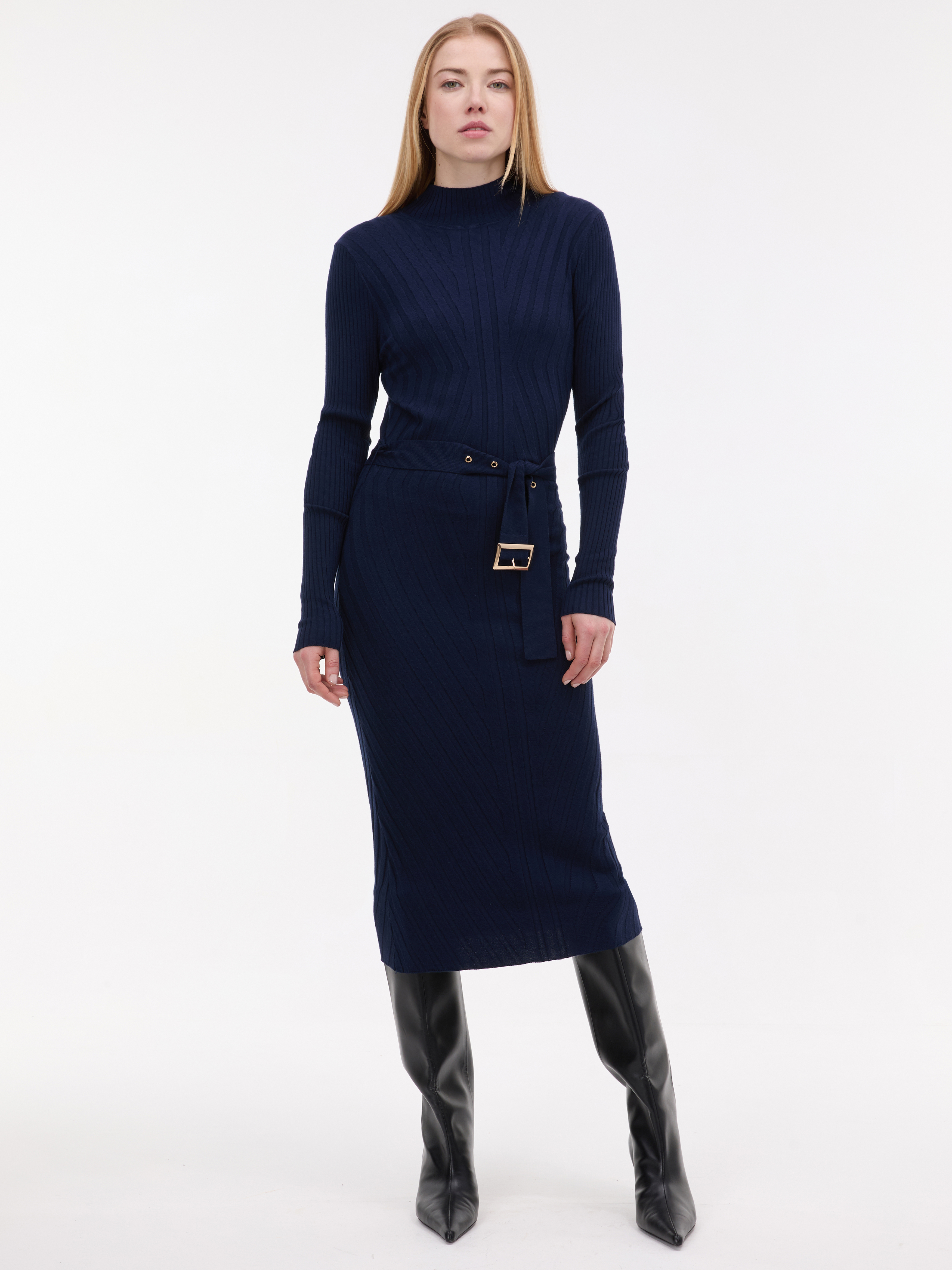 Tmavě modré dámské midi šaty s páskem