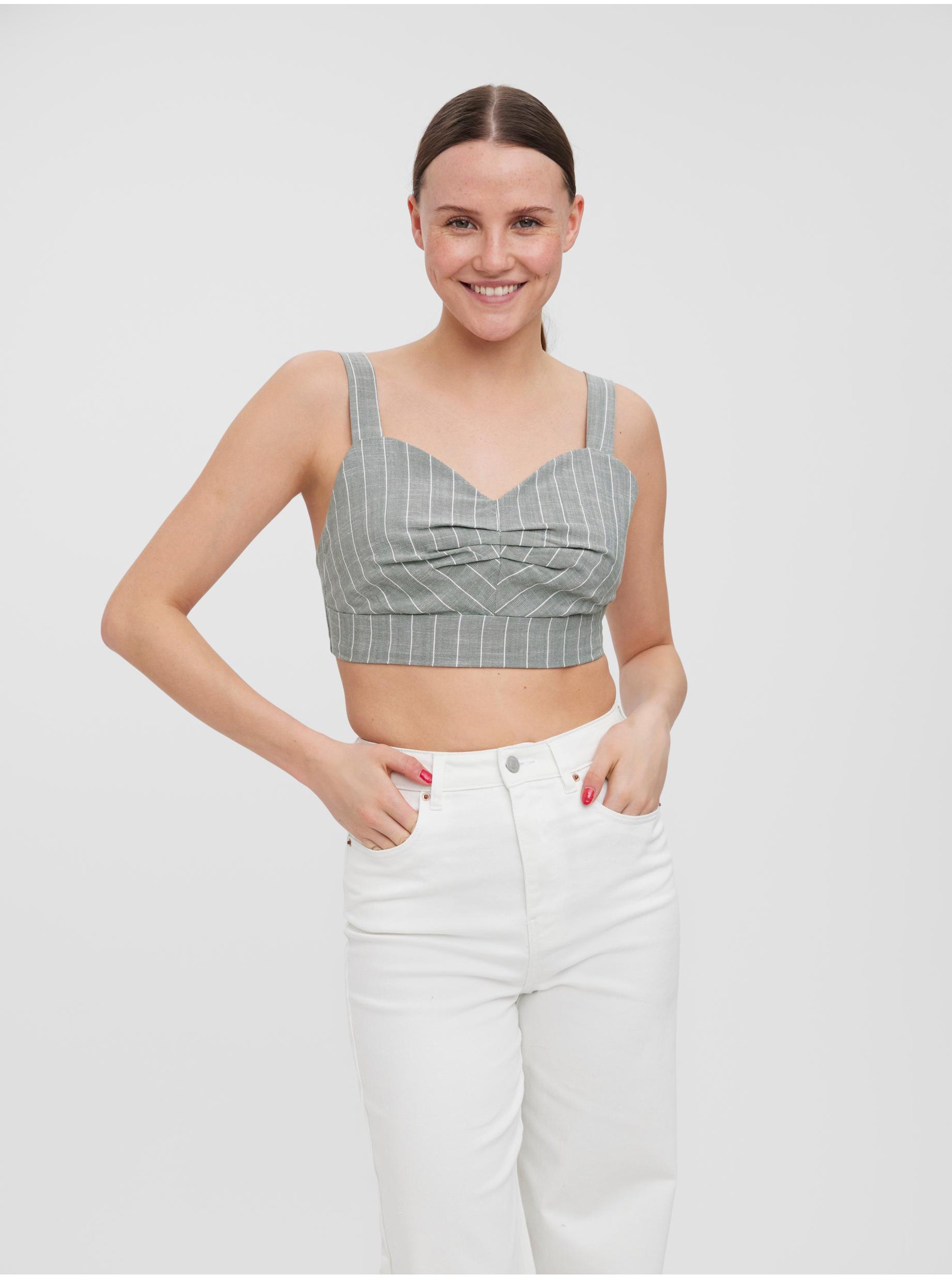 Světle šedý pruhovaný crop top na ramínka VERO MODA Serena - Dámské