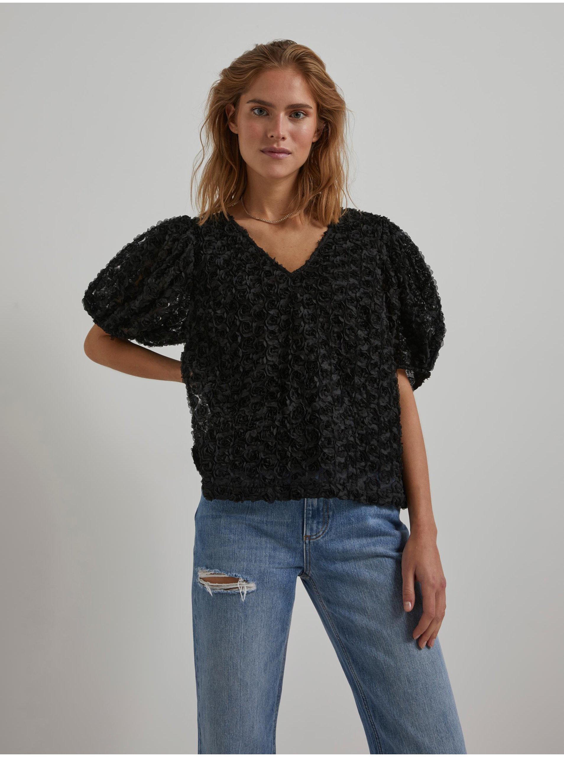 Black Patterned Blouse with Short Balloon Sleeves Pieces Nolia - Women