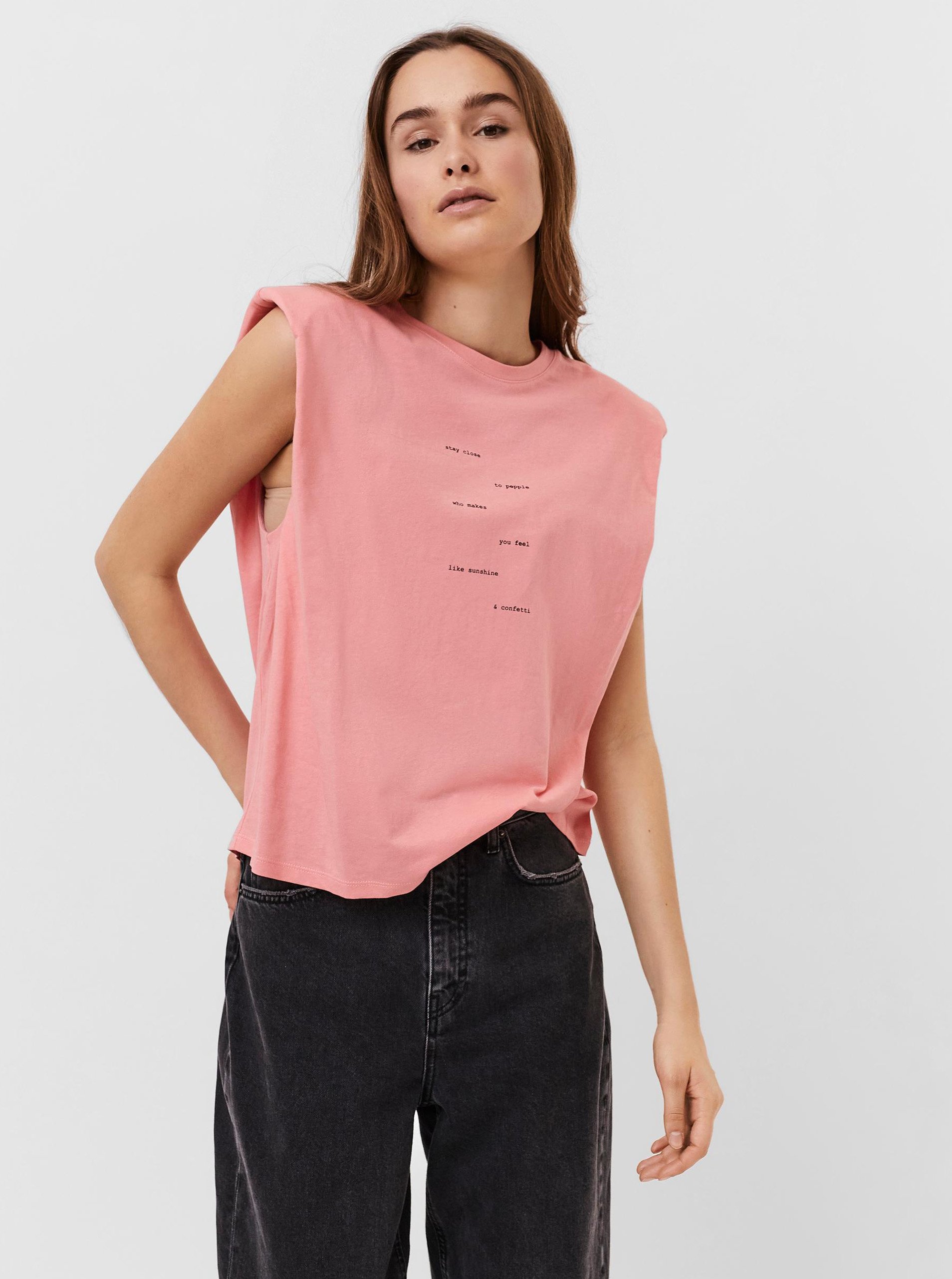 Růžové tričko s nápisem VERO MODA Hollie - Dámské