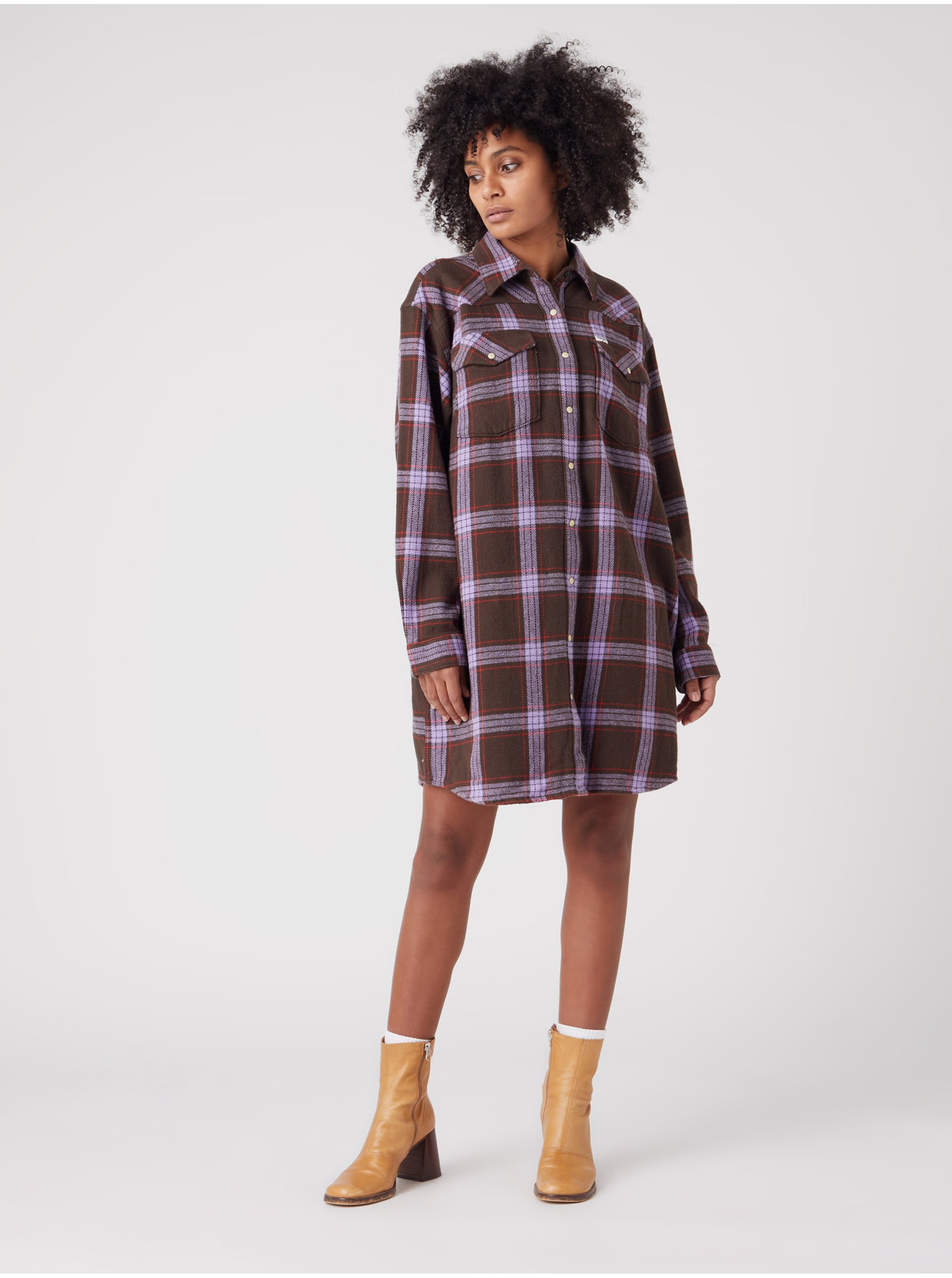 Purple Brown Women Plaid Shirt Dress Wrangler - Women