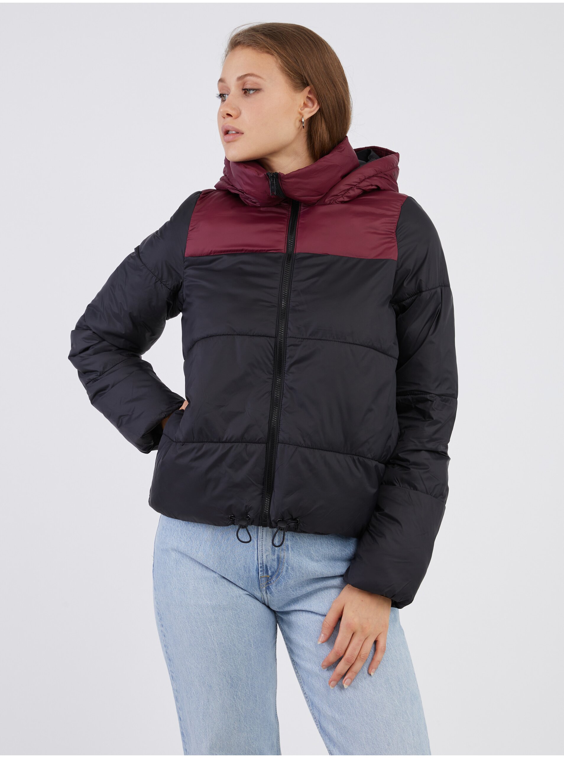 Burgundy-Black Quilted Winter Hooded Jacket Noisy May Ales - Women