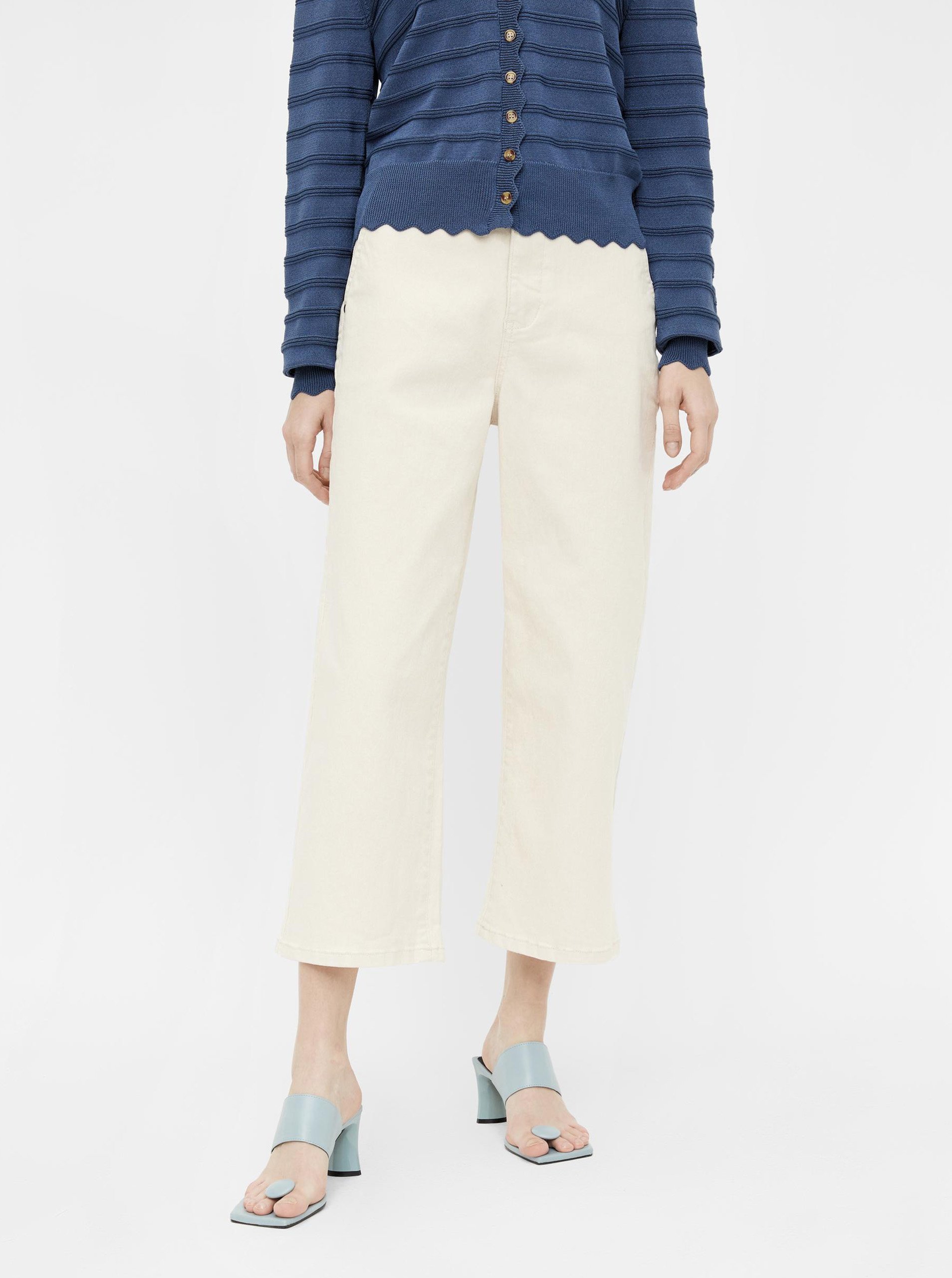 Levně Krémové dámské tříčtvrteční široké džíny .OBJECT Marina - Dámské