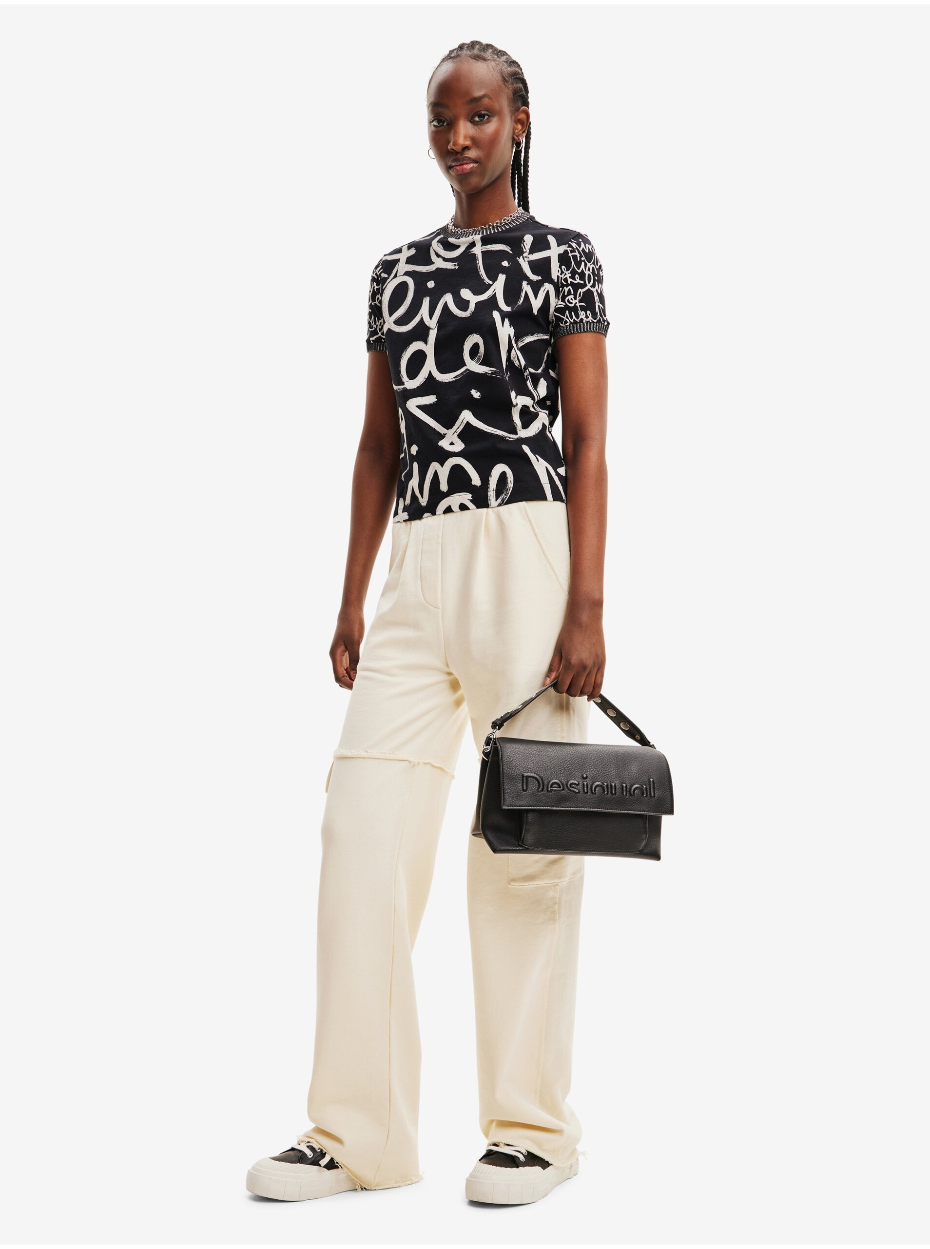 White and Black Womens Patterned T-Shirt Desigual Lettering Retro - Women