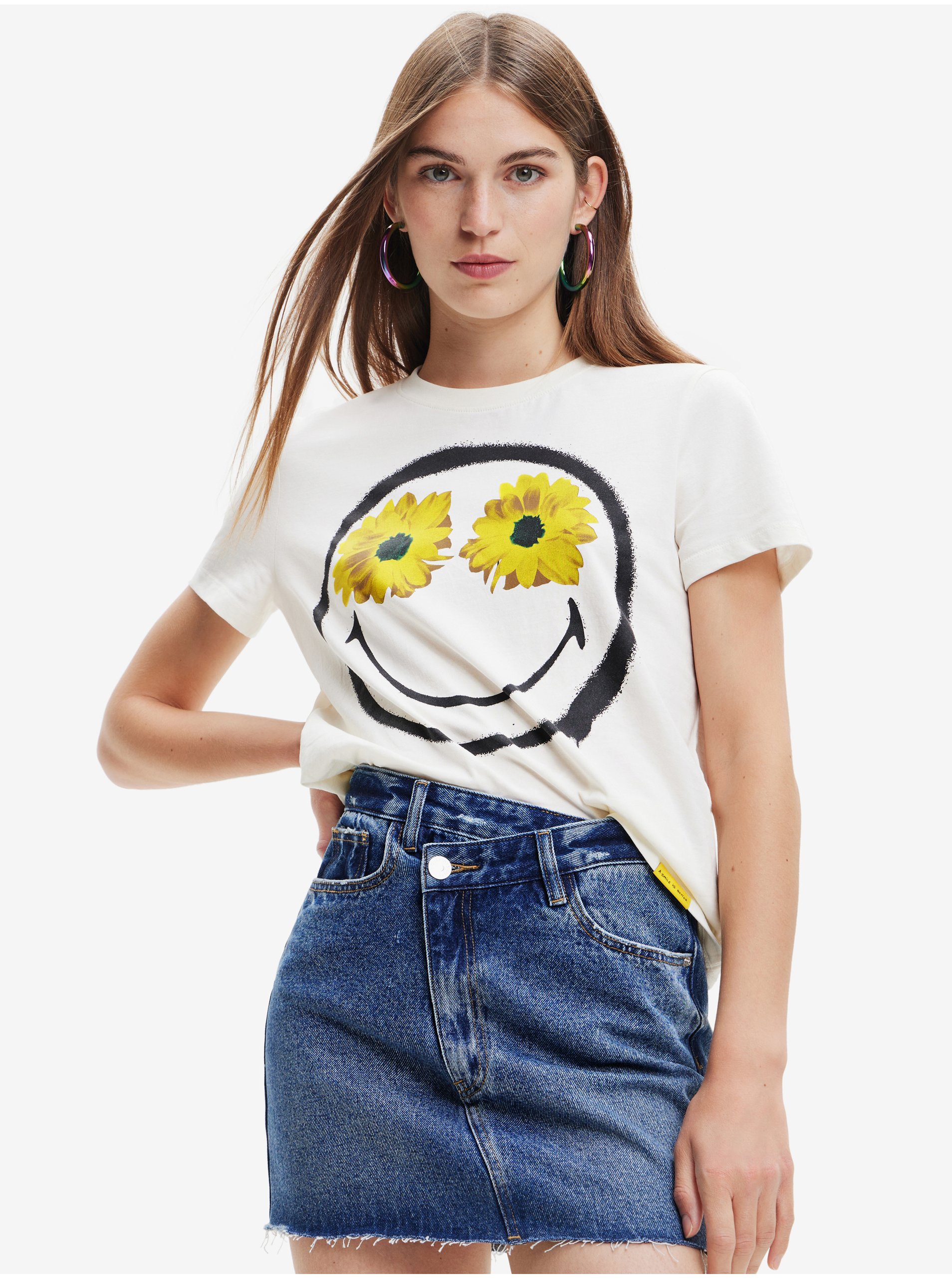 Levně Bílé dámské tričko Desigual Margarita Smiley - Dámské