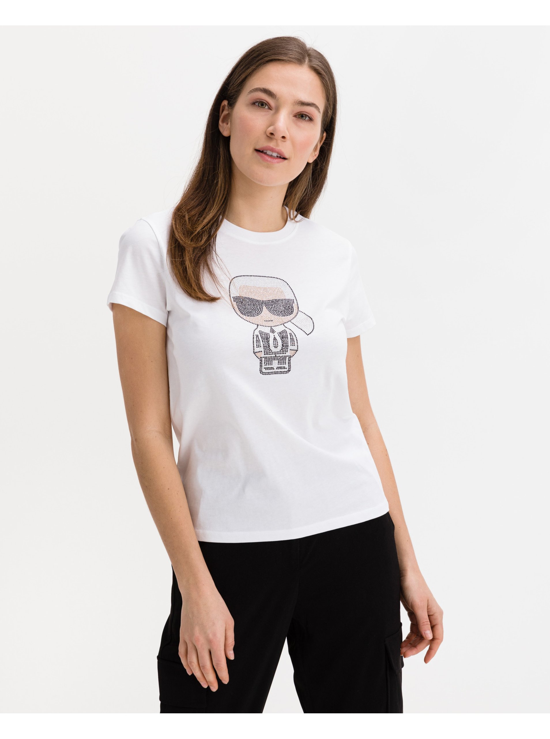 Levně Bílé dámské vzorované tričko KARL LAGERFELD - Dámské