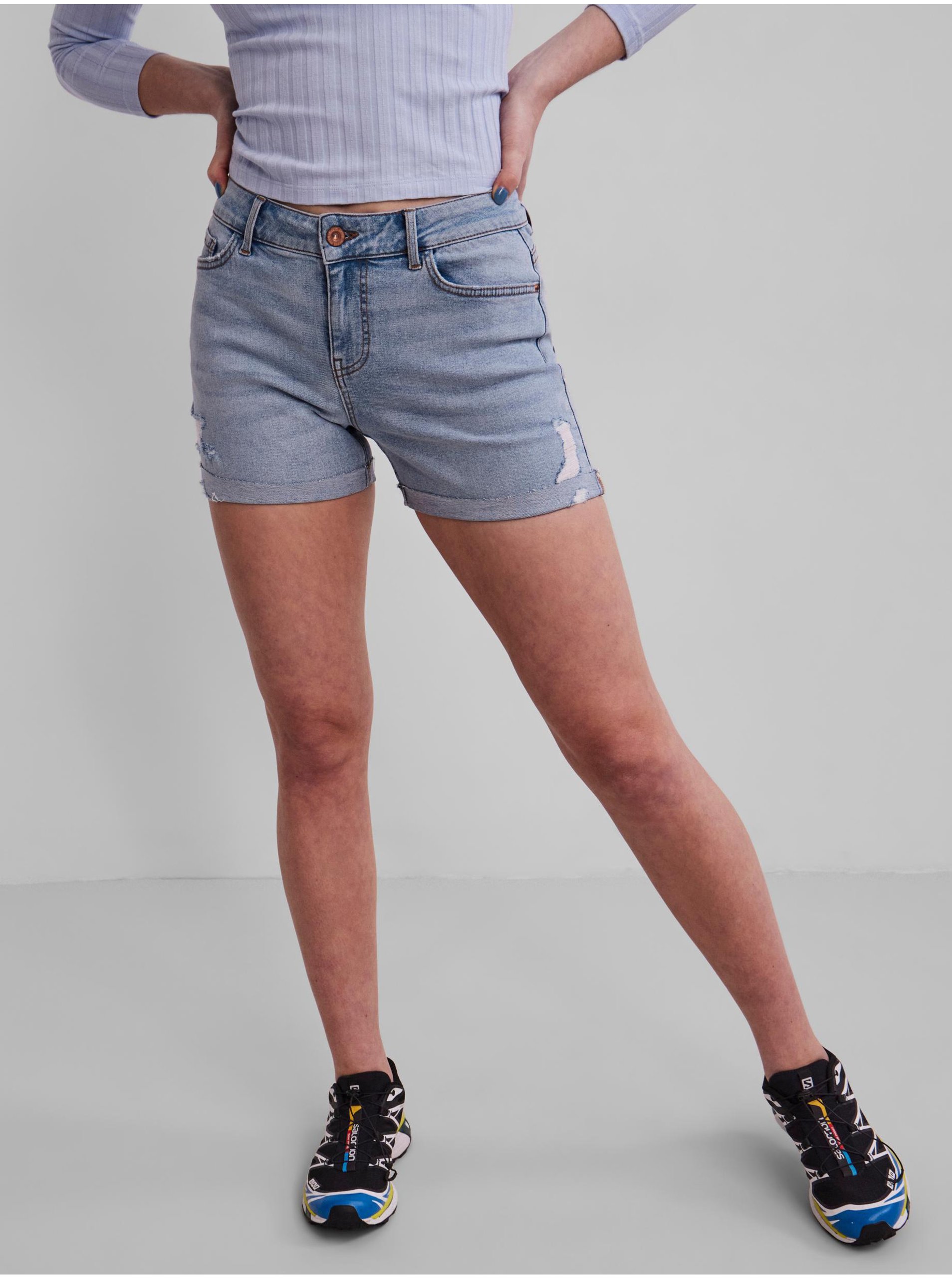 Light Blue Denim Shorts with Ripped Effect Pieces Lisa - Women
