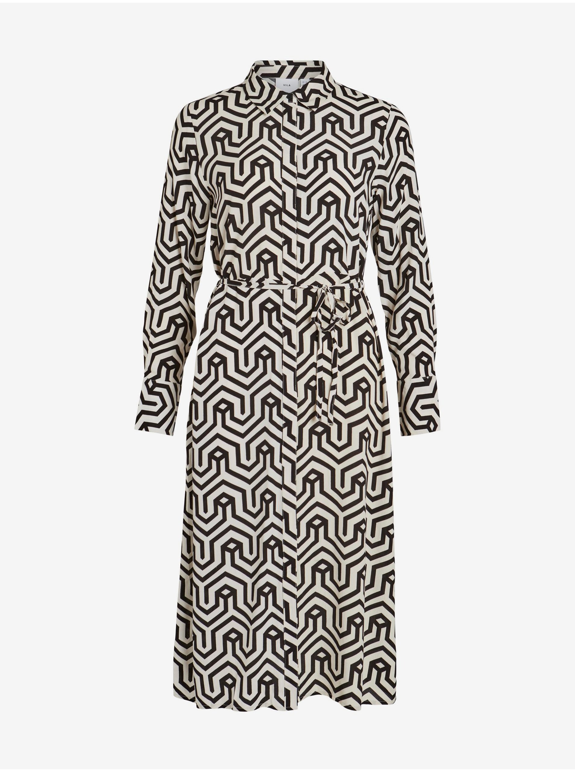 Levně Krémovo-černé dámské vzorované košilové šaty VILA Daca - Dámské