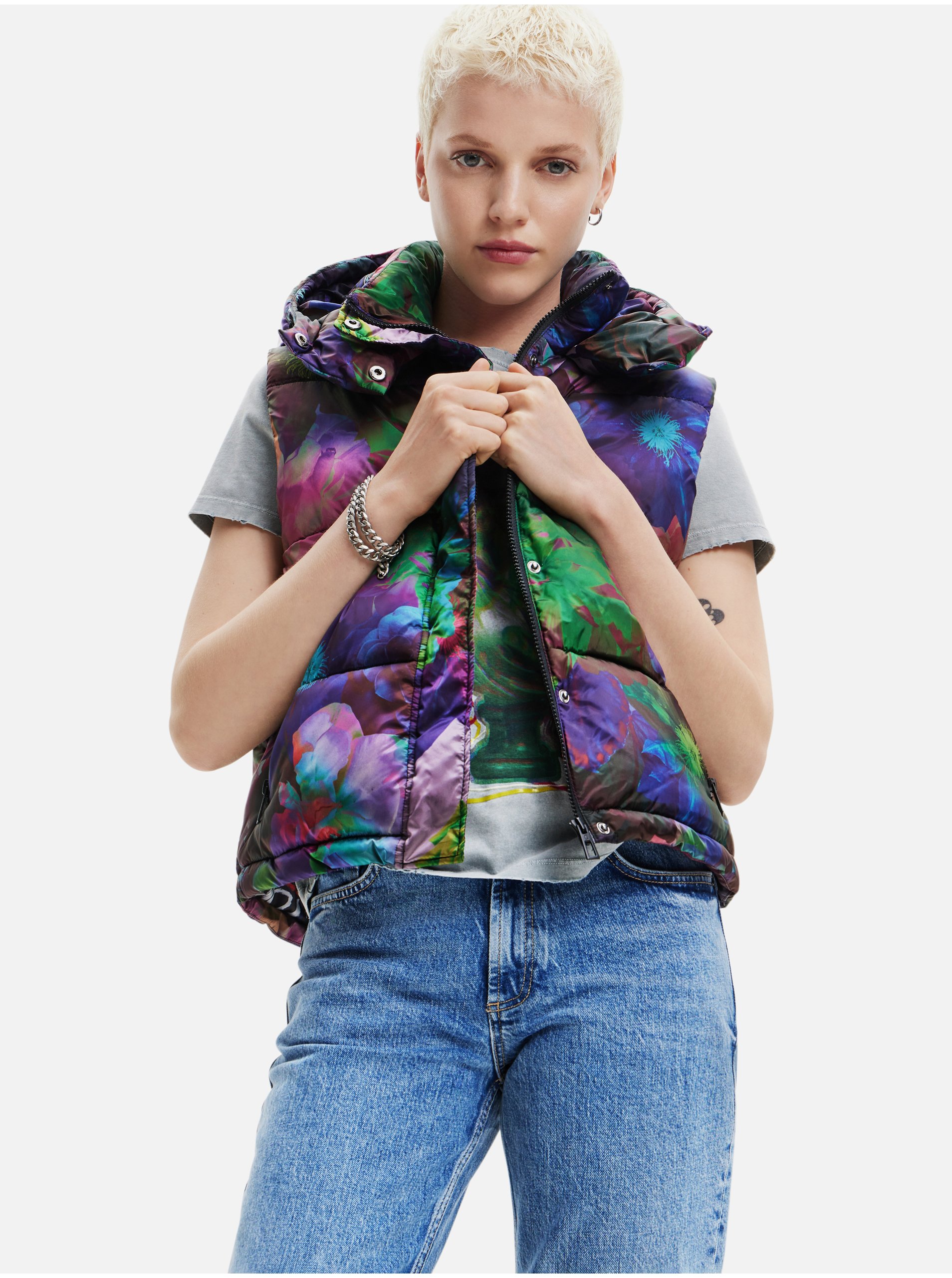 Green-purple Womens Patterned Quilted Vest Desigual Garden - Ladies
