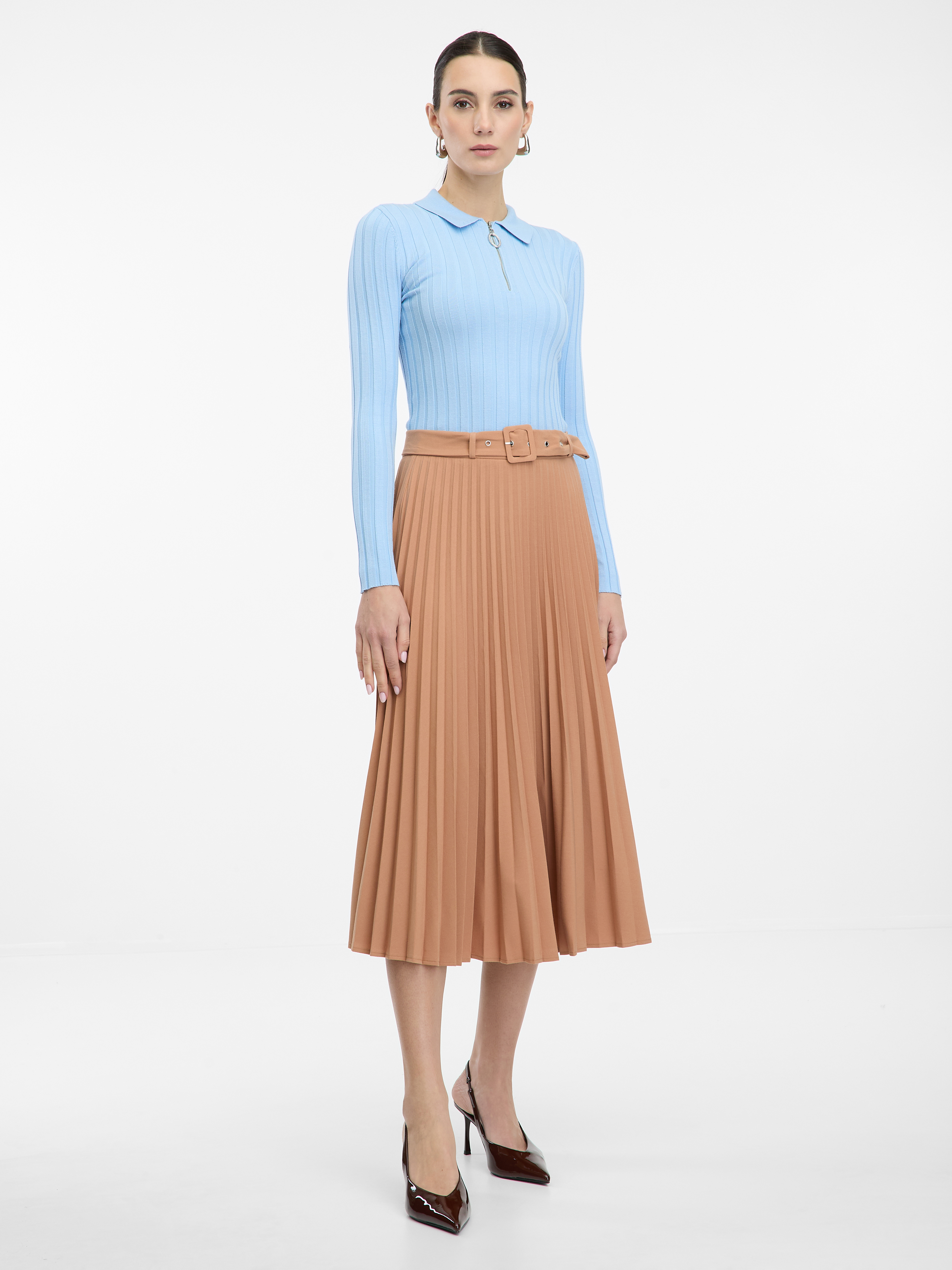 Fustă midi plisată maro deschis
