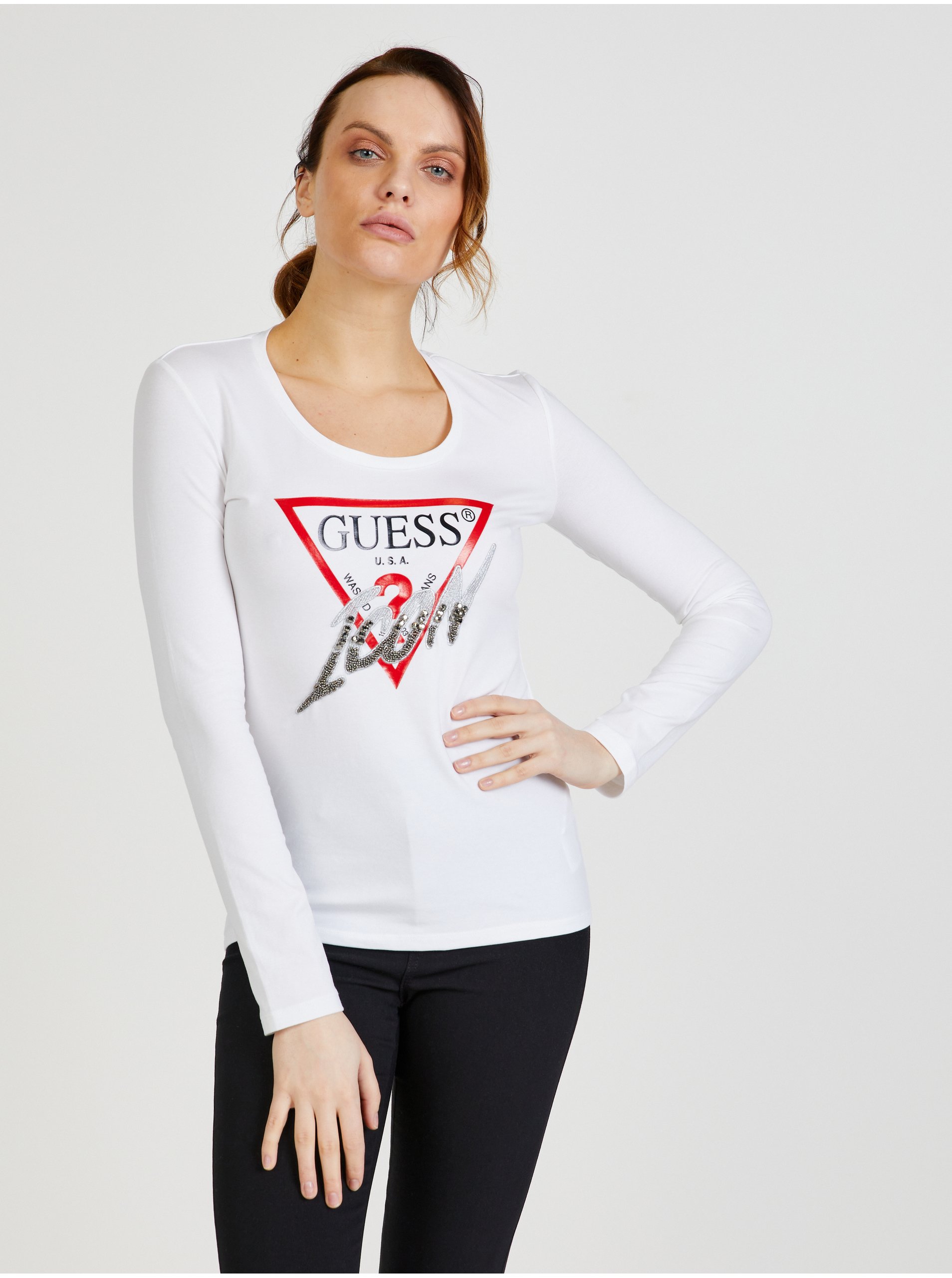 Levně Bílé dámské tričko Guess Icon - Dámské