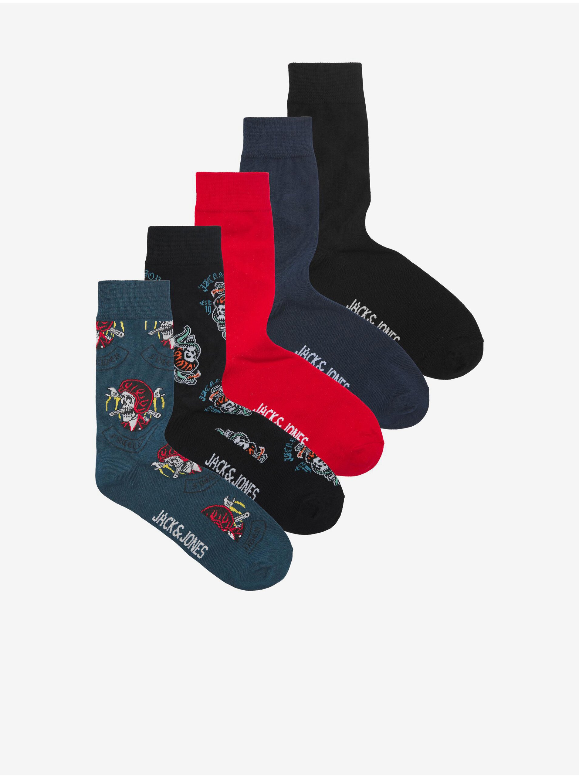 Levně Jack & Jones Sada pěti párů pánských ponožek v černé, červené a modré barvě Jack - Pánské