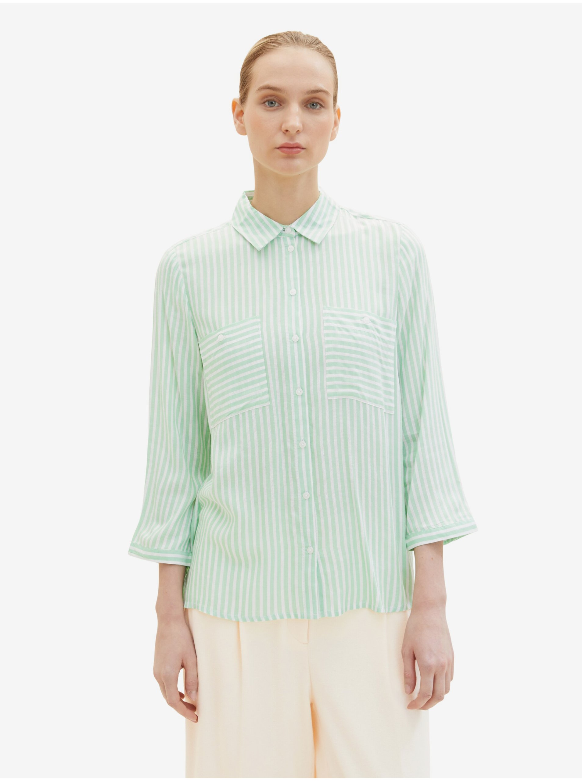 Levně Bílo-zelená dámská pruhovaná košile Tom Tailor - Dámské