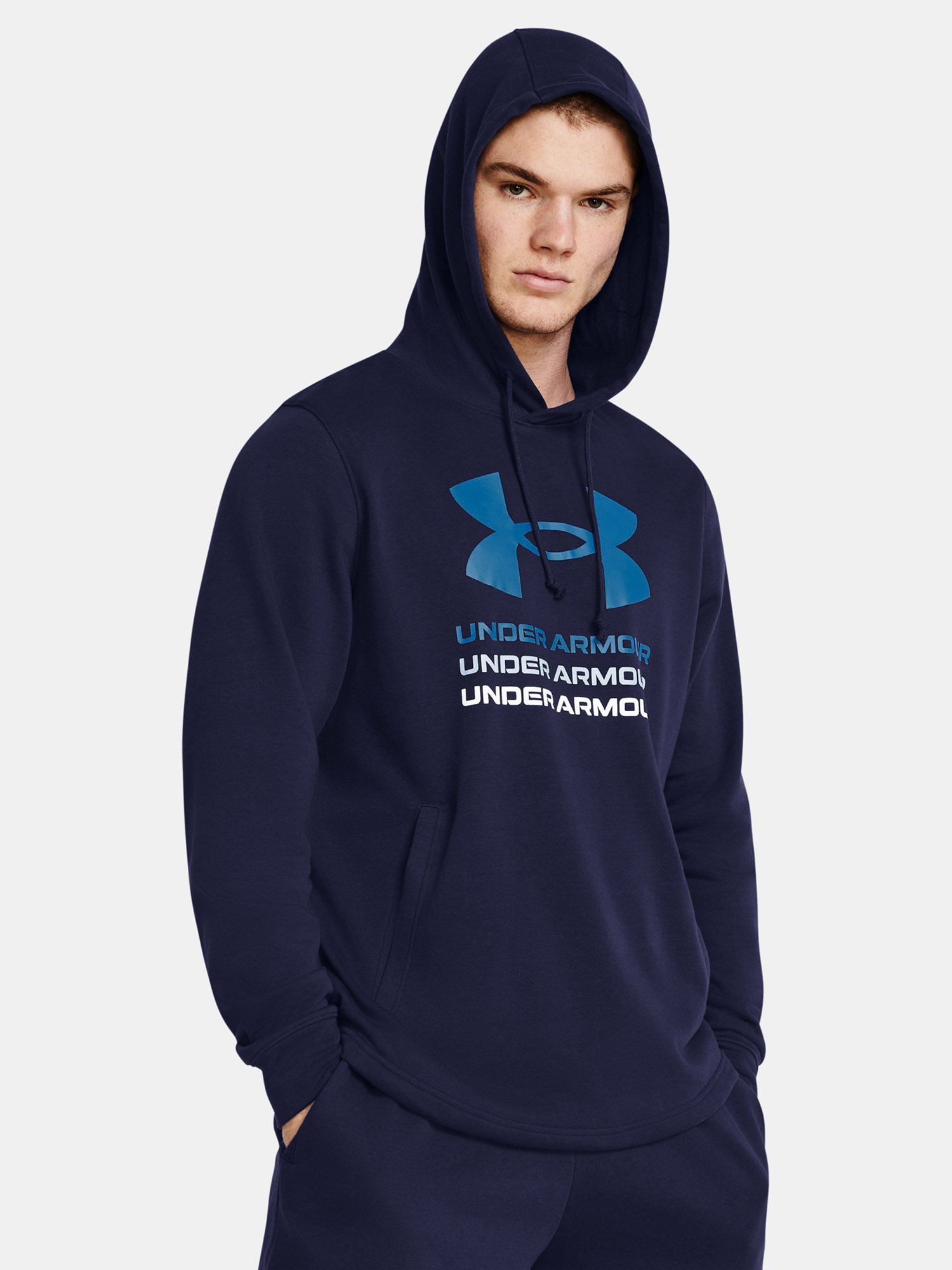 Tmavomodrá športová mikina Under Armour UA Rival Terry Graphic Hood