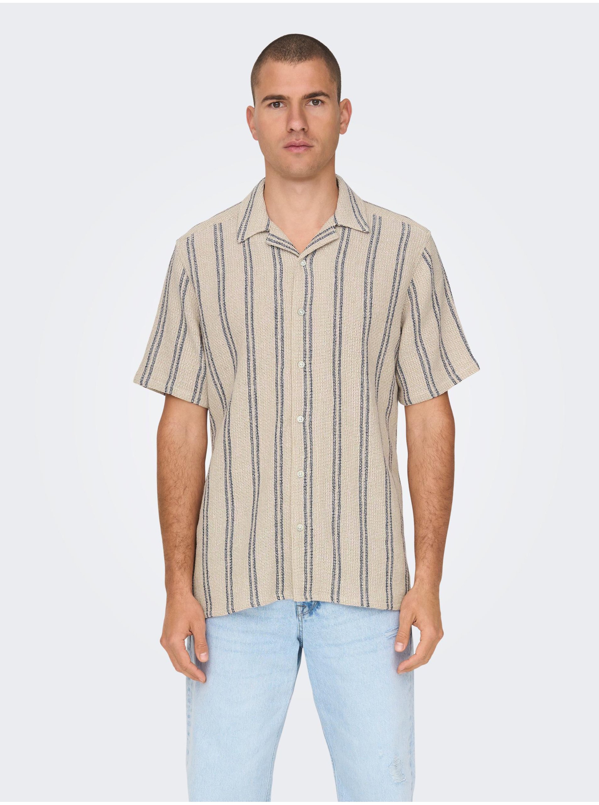 Levně Béžová pánská pruhovaná košile s krátkým rukávem ONLY & SONS Trev - Pánské
