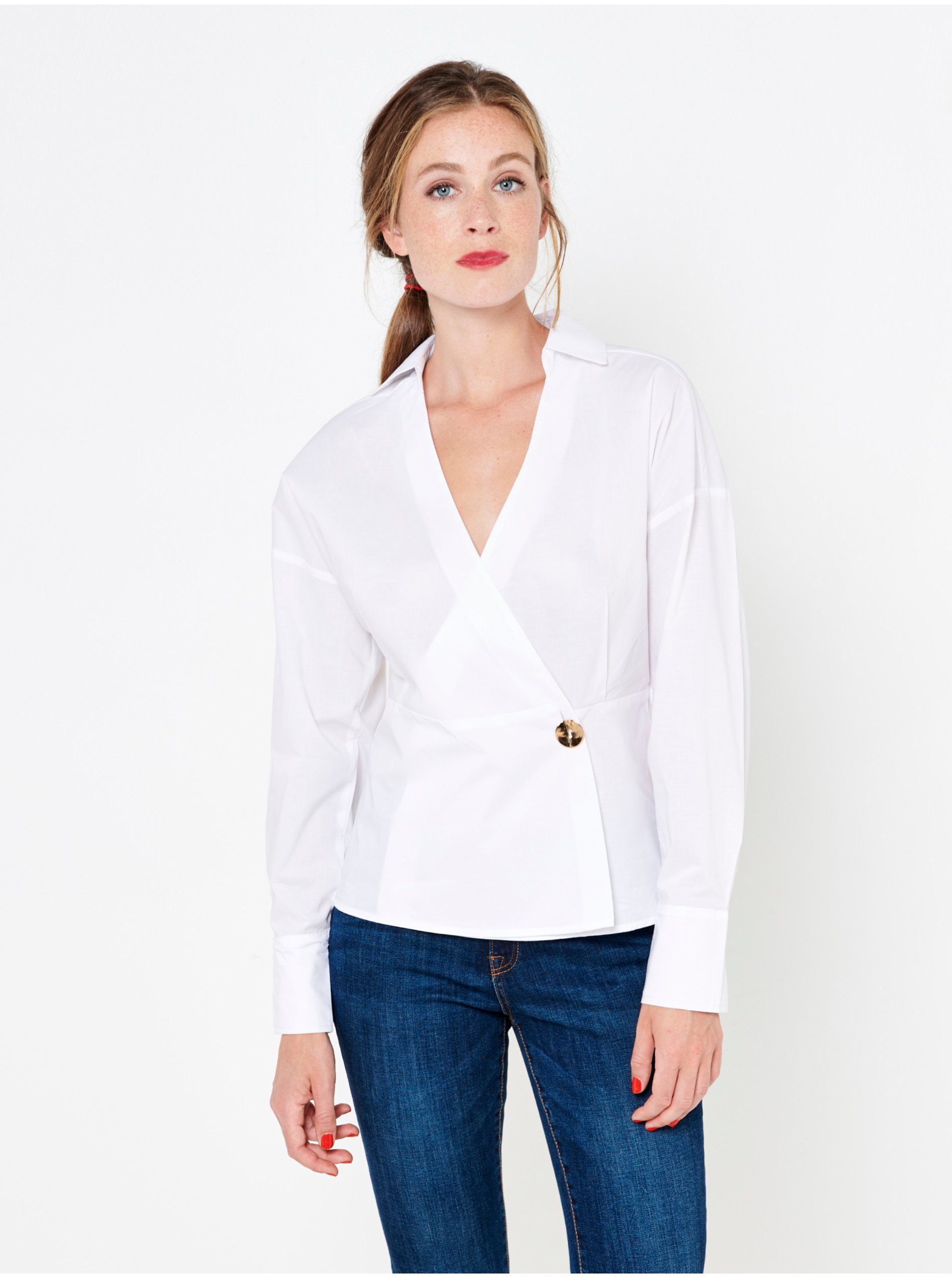 White blouse with folded neckline CAMAIEU - Women