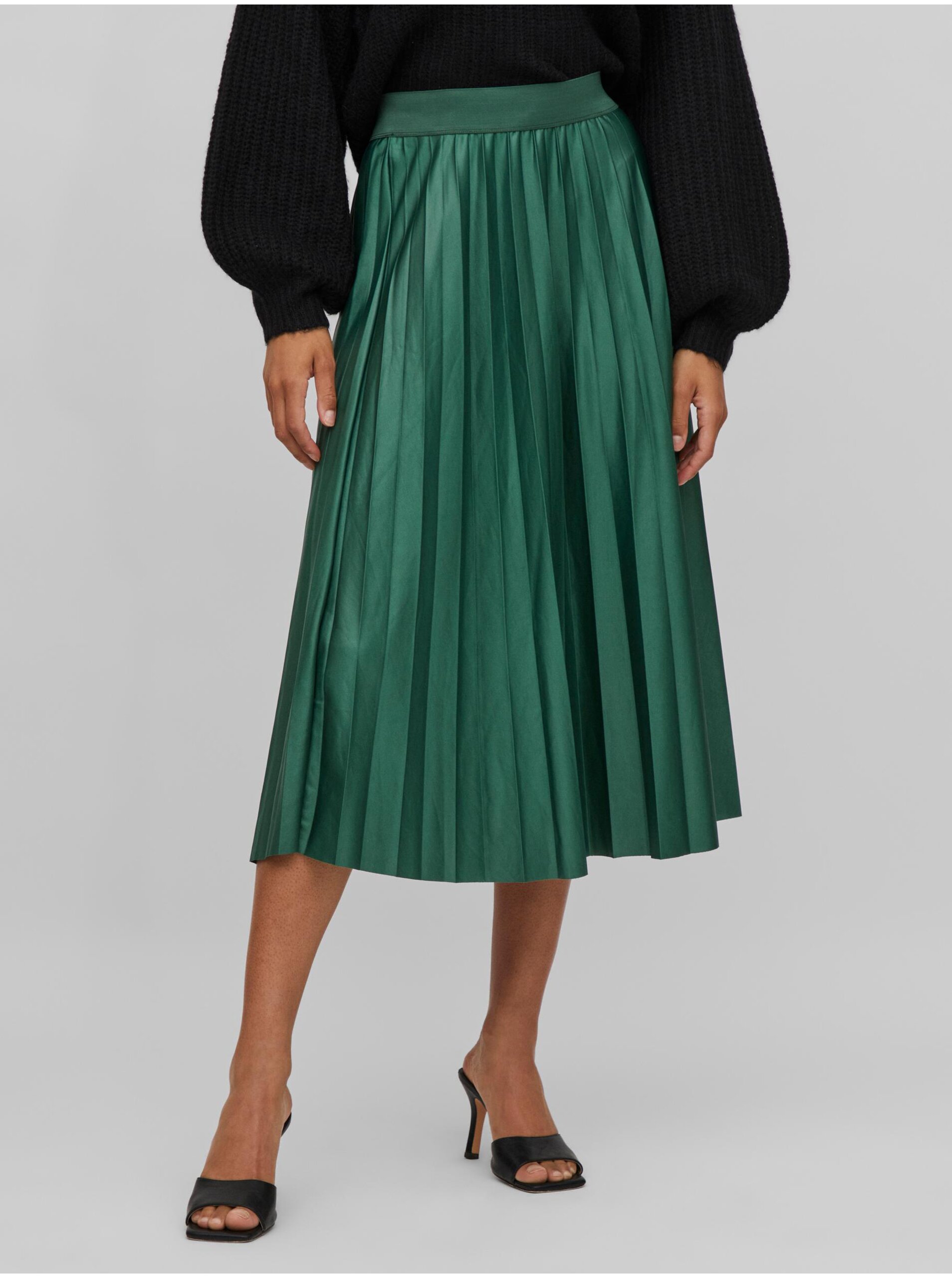 Green Ladies Satin Pleated Midi Skirt VILA Nitban - Ladies