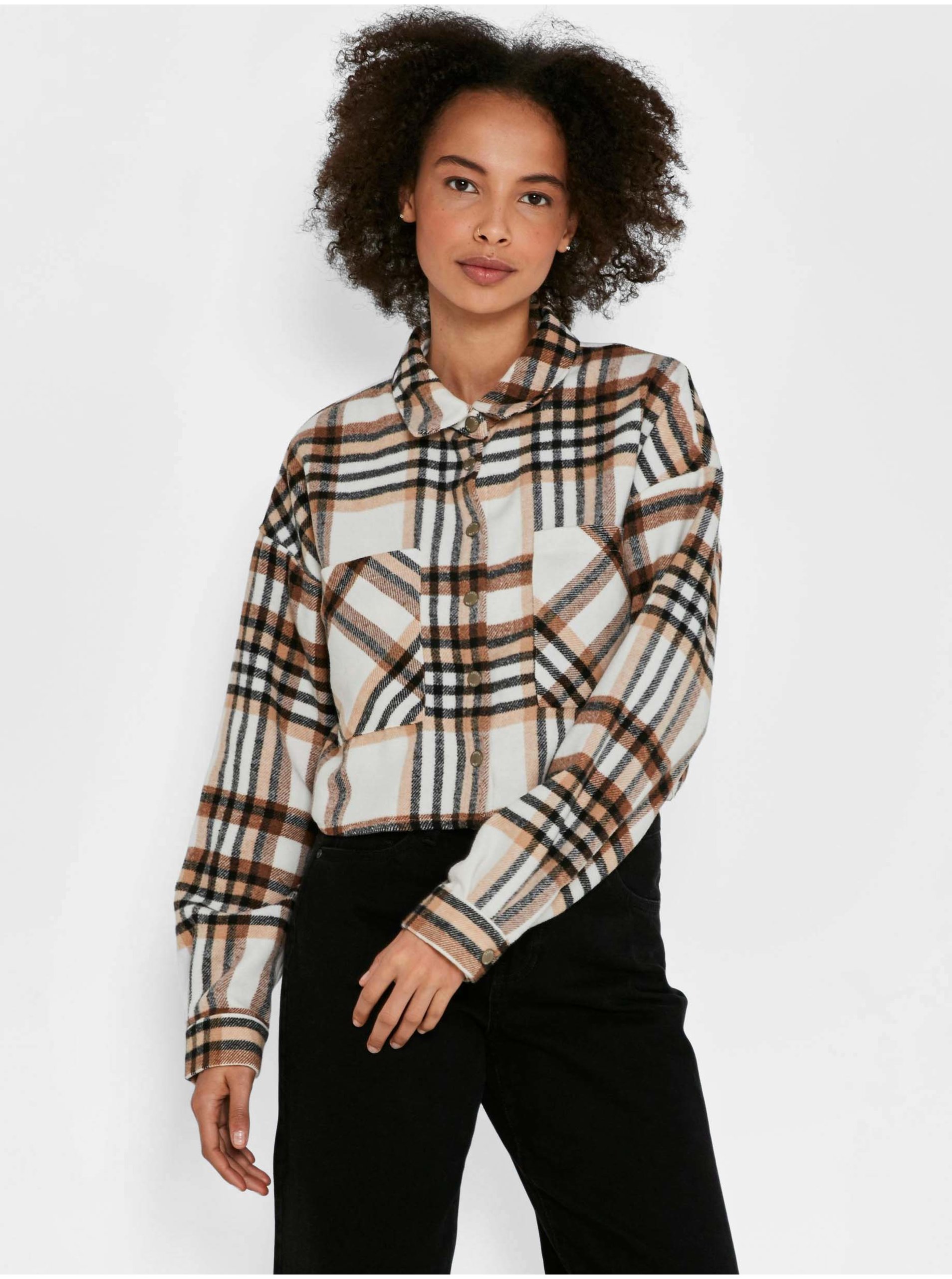 Brown-cream Checkered Cropped Shirt Noisy May Flanny - Women