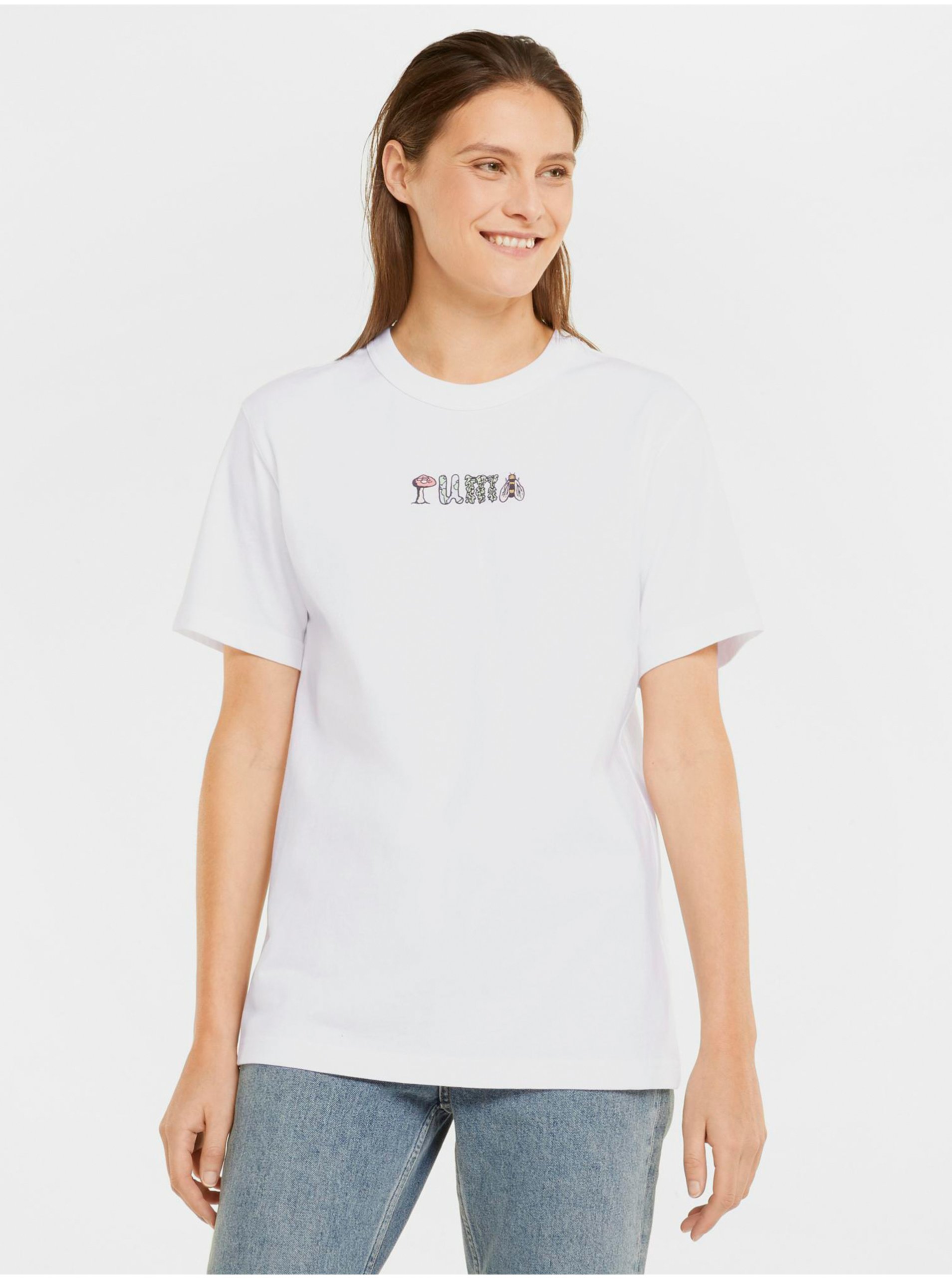 White Women's T-Shirt with Print on the Back Puma Downtown - Women