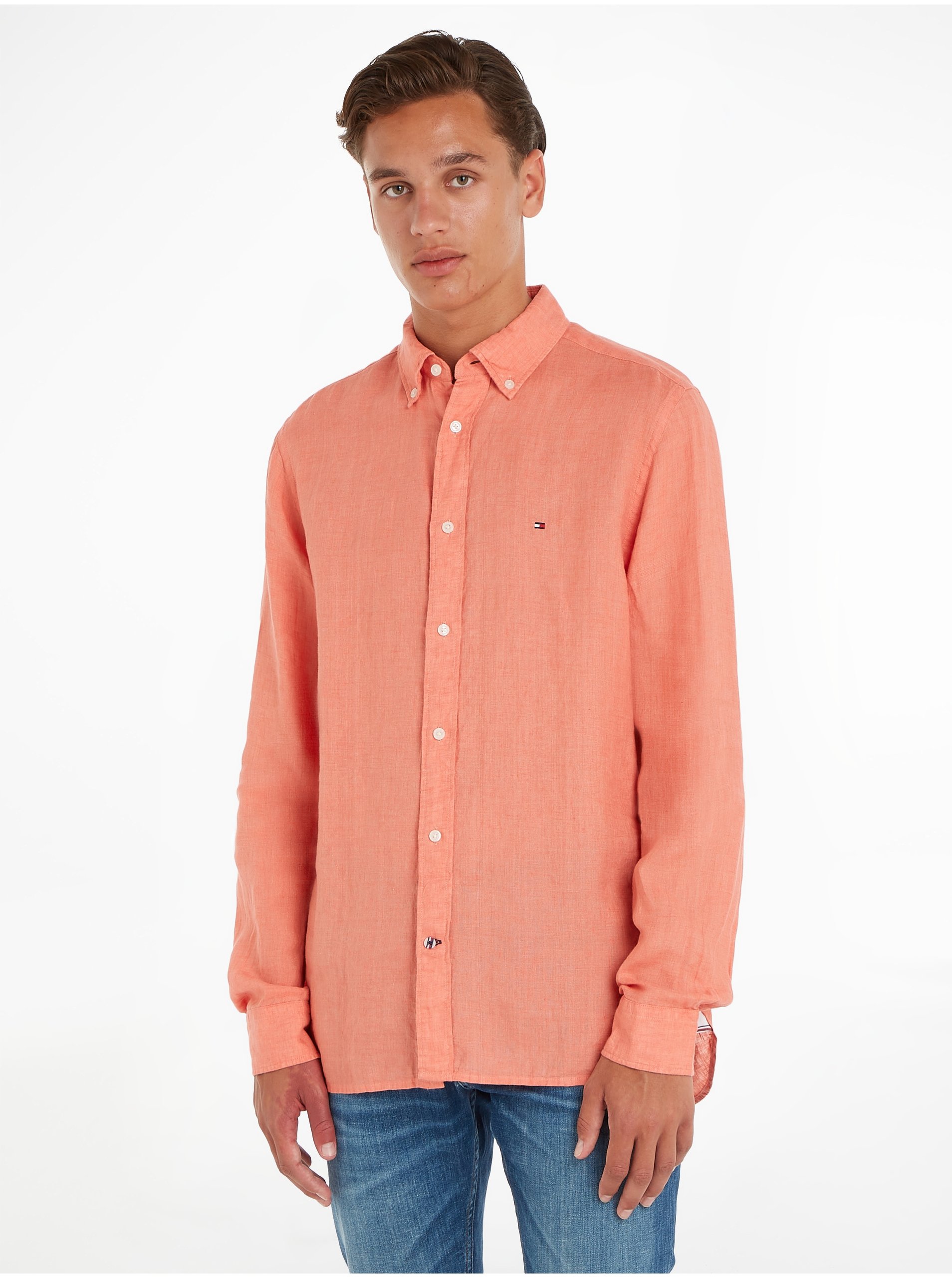 Pink Men's Linen Shirt Tommy Hilfiger Pigment Dyed Li Solid - Men