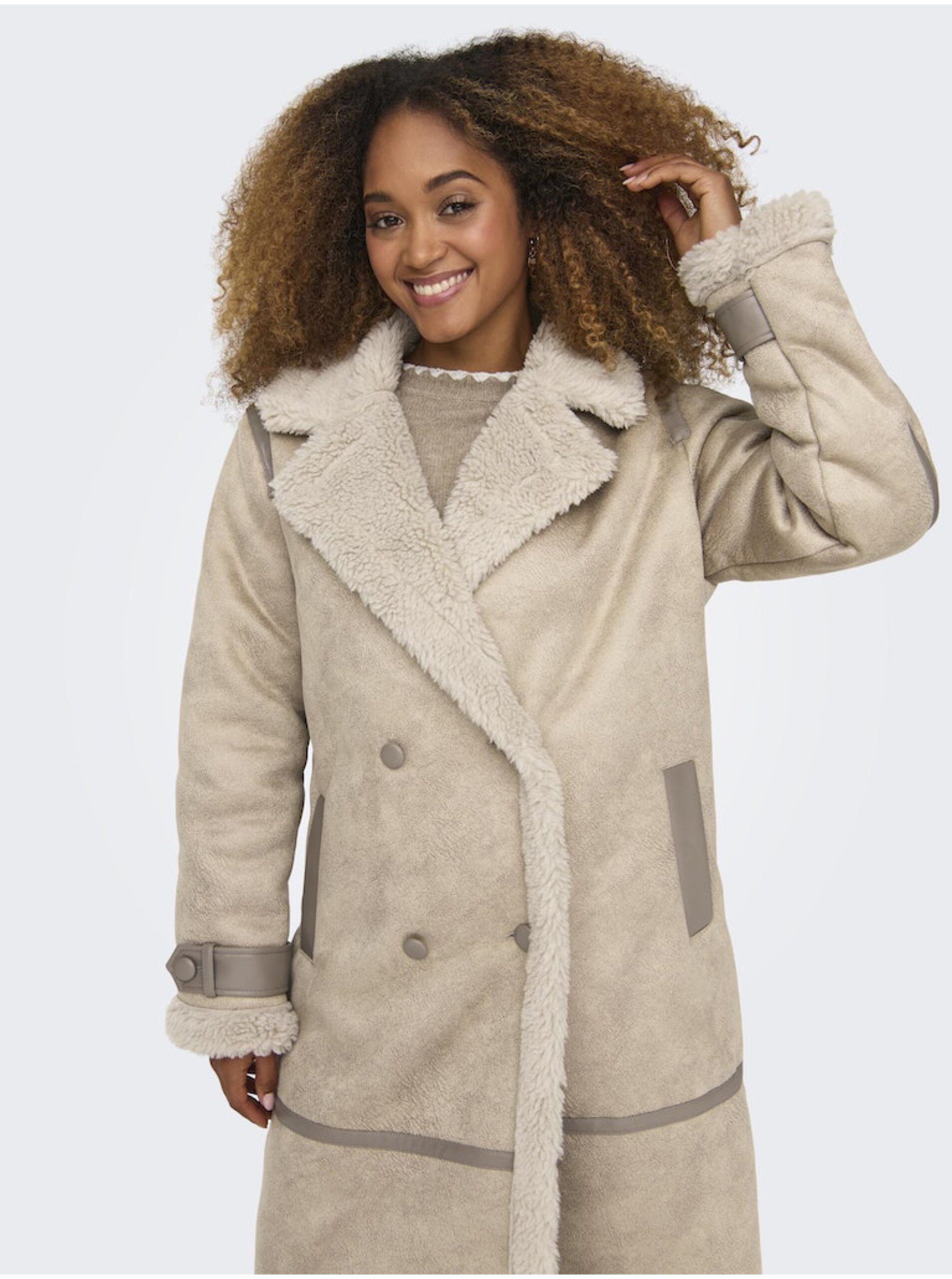 Beige women's coat in suede finish with faux fur ONLY Ylva - Women