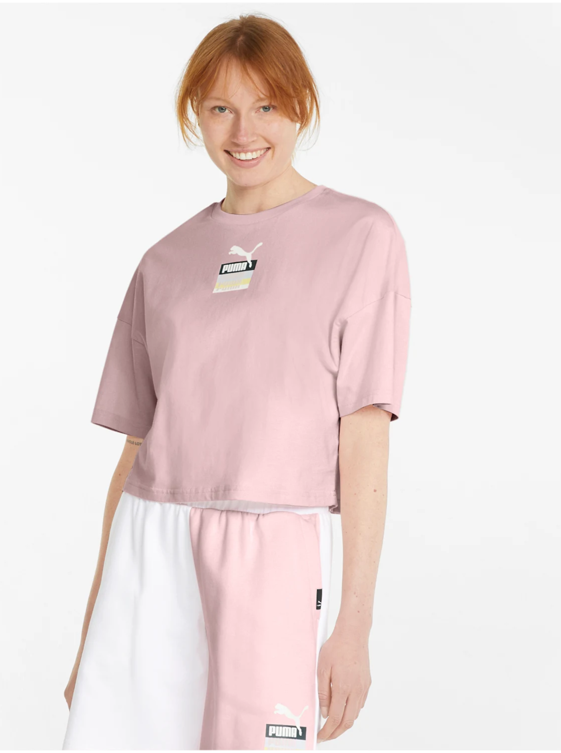 Pink Women's Loose Cropped T-Shirt Puma Brand Love - Women