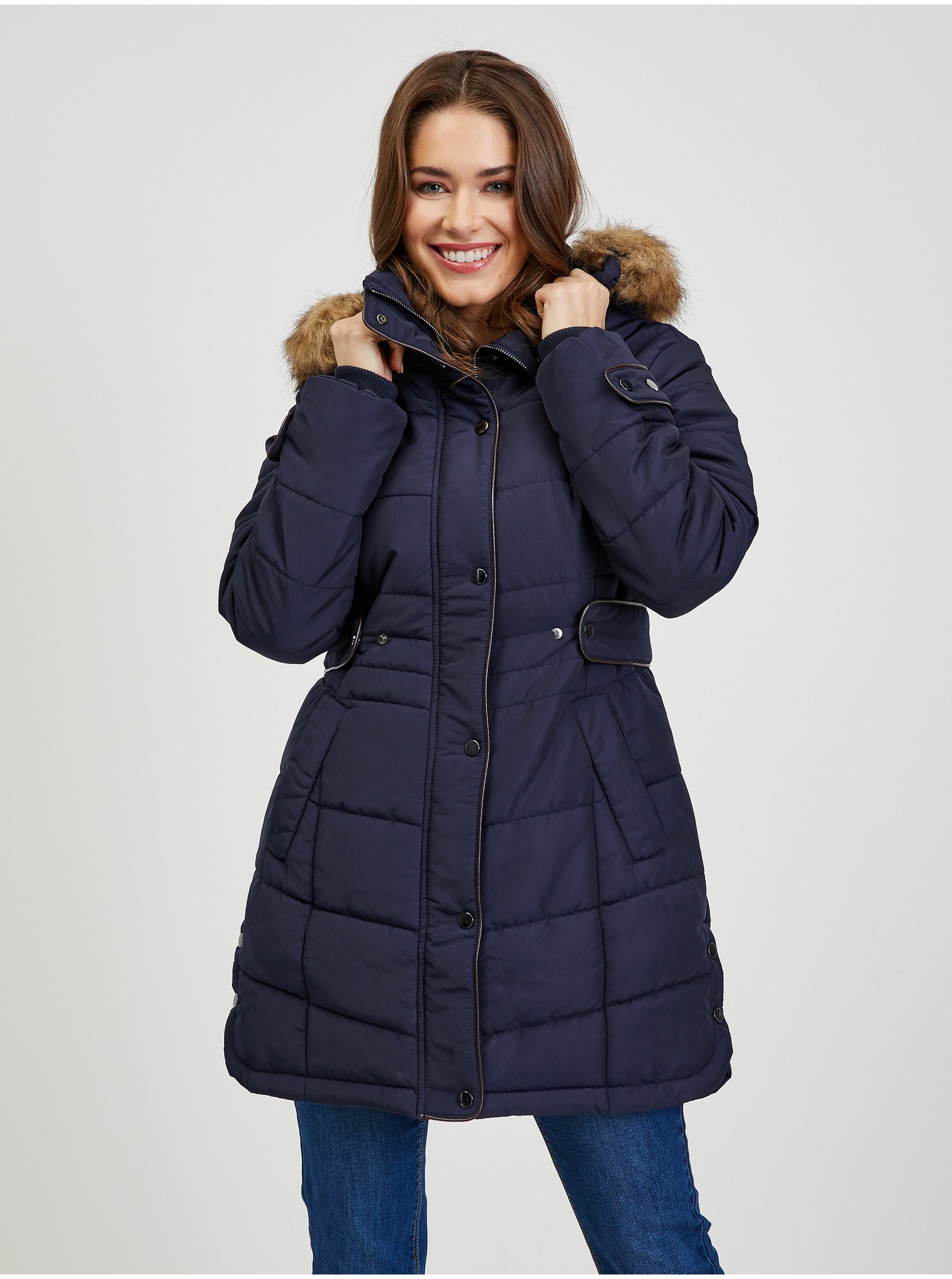 Orsay Dark Blue Women's Quilted Winter Coat With Detachable Hood With Fur - Women