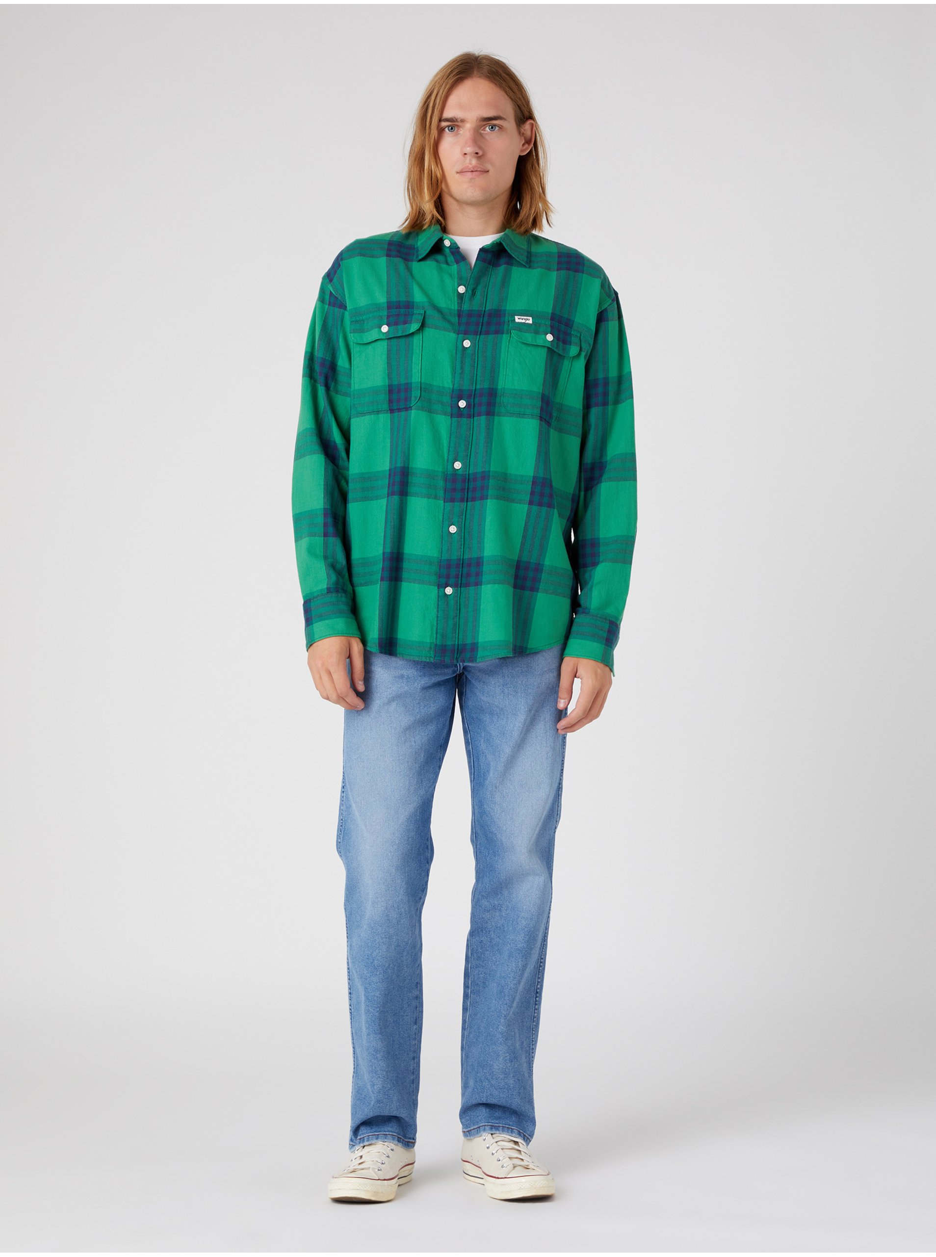 Levně Modro-zelená pánská kostkovaná košile Wrangler - Pánské