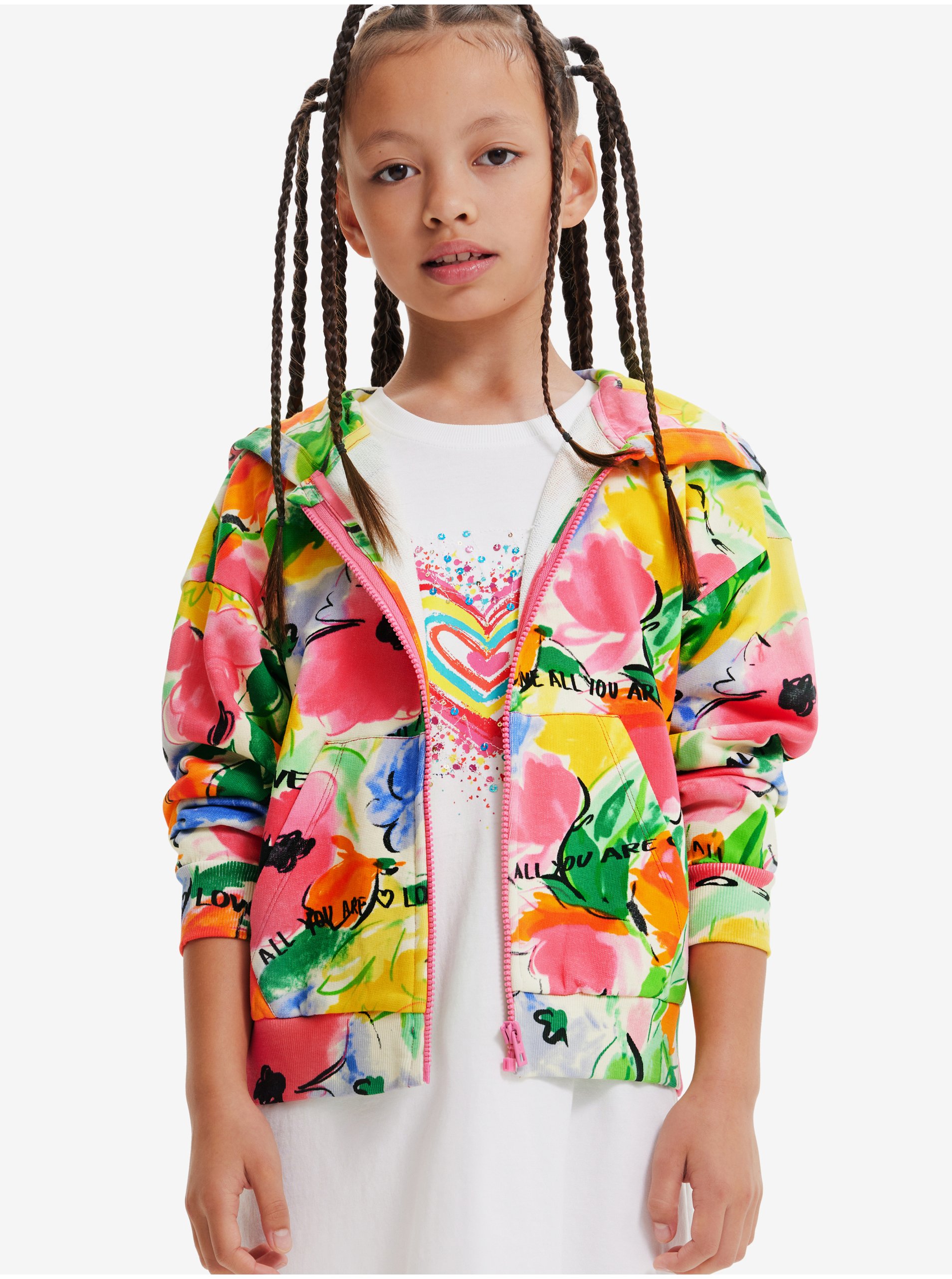 Green-pink girls' zippered sweatshirt with hood Desigual Eva - Girls