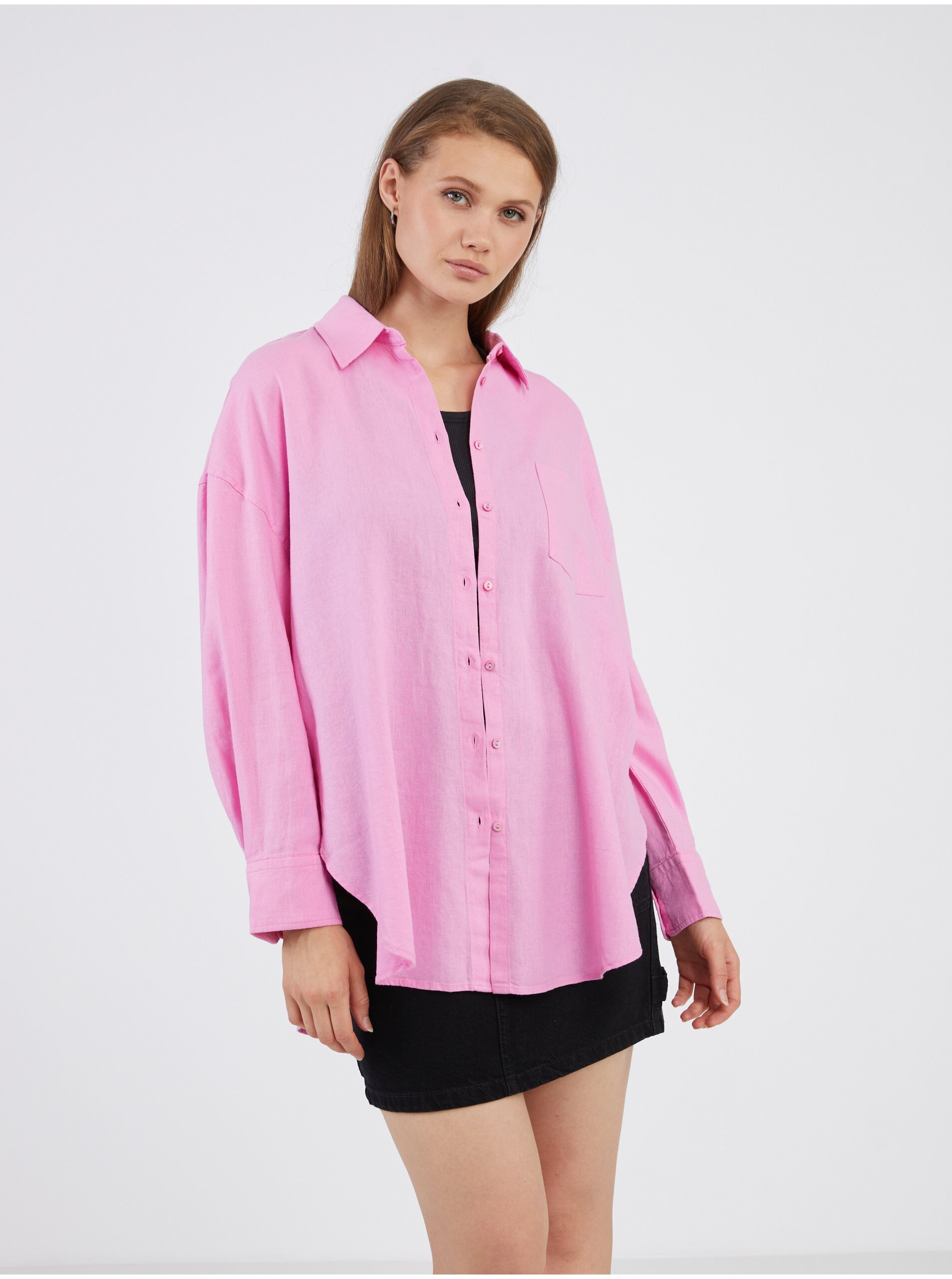 Levně Růžová dámská lněná košile ONLY Corina - Dámské