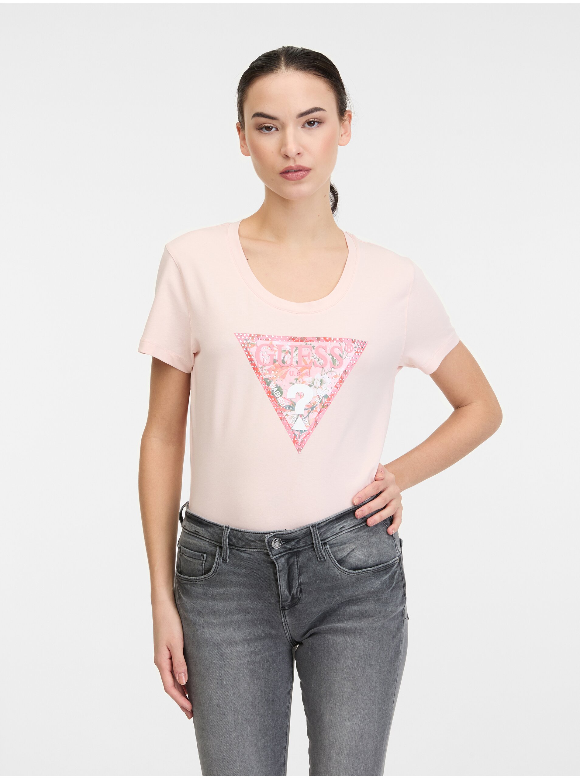 Levně Světle růžové dámské tričko Guess Satin - Dámské