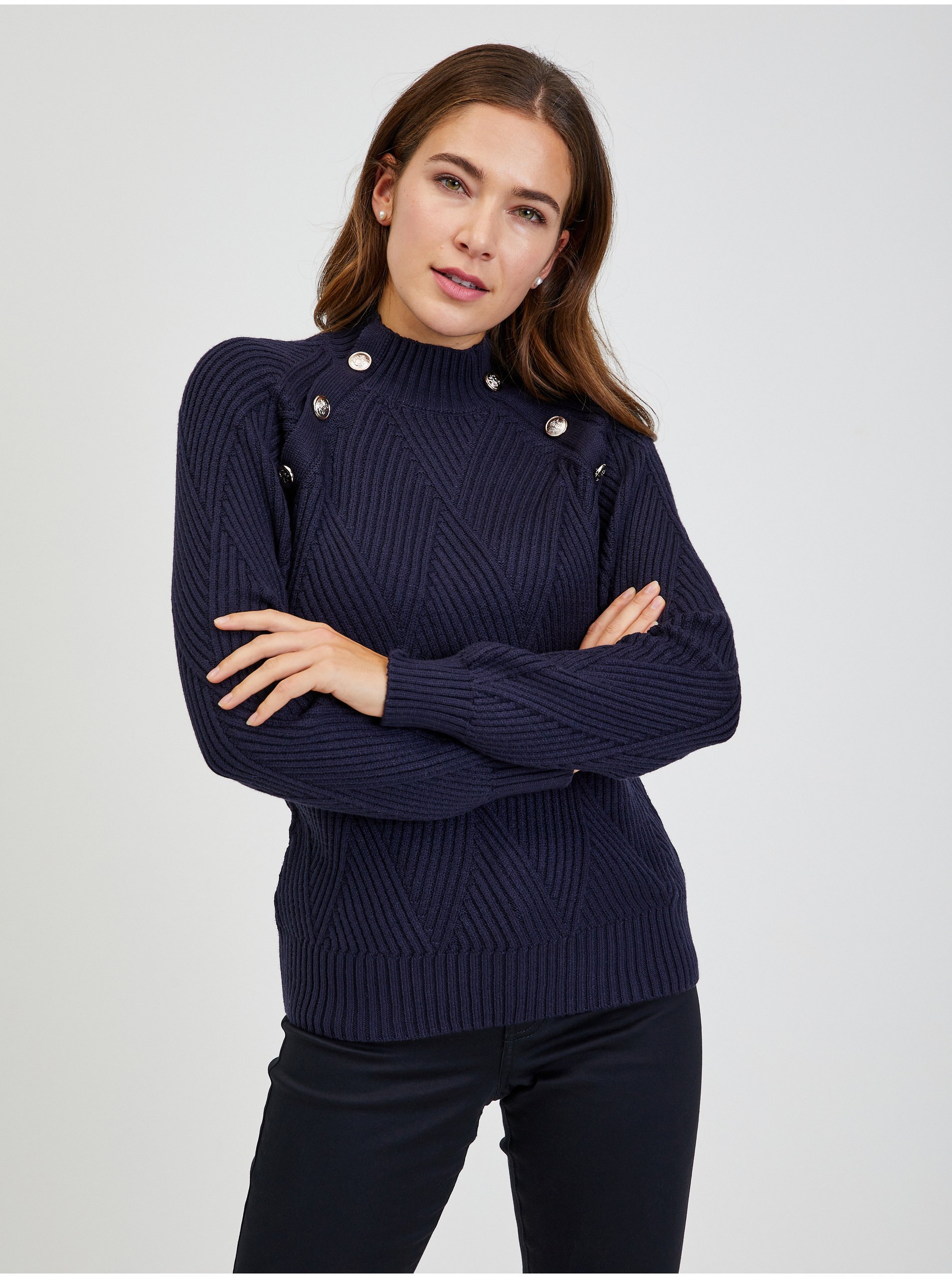 Dark Blue Women's Ribbed Sweater With Decorative Buttons ORSAY - Ladies