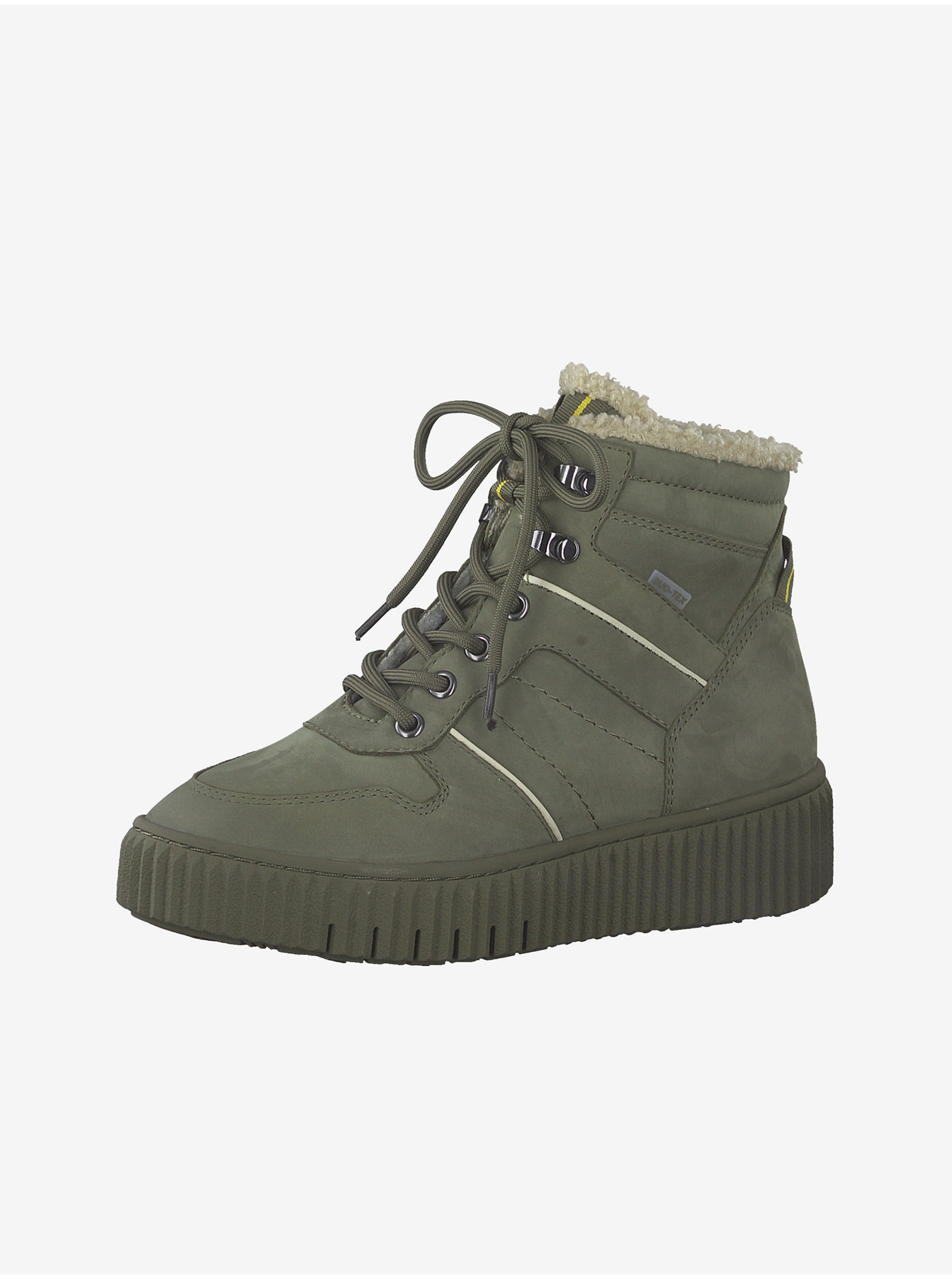 Khaki leather ankle winter boots with faux fur Tamaris - Women's
