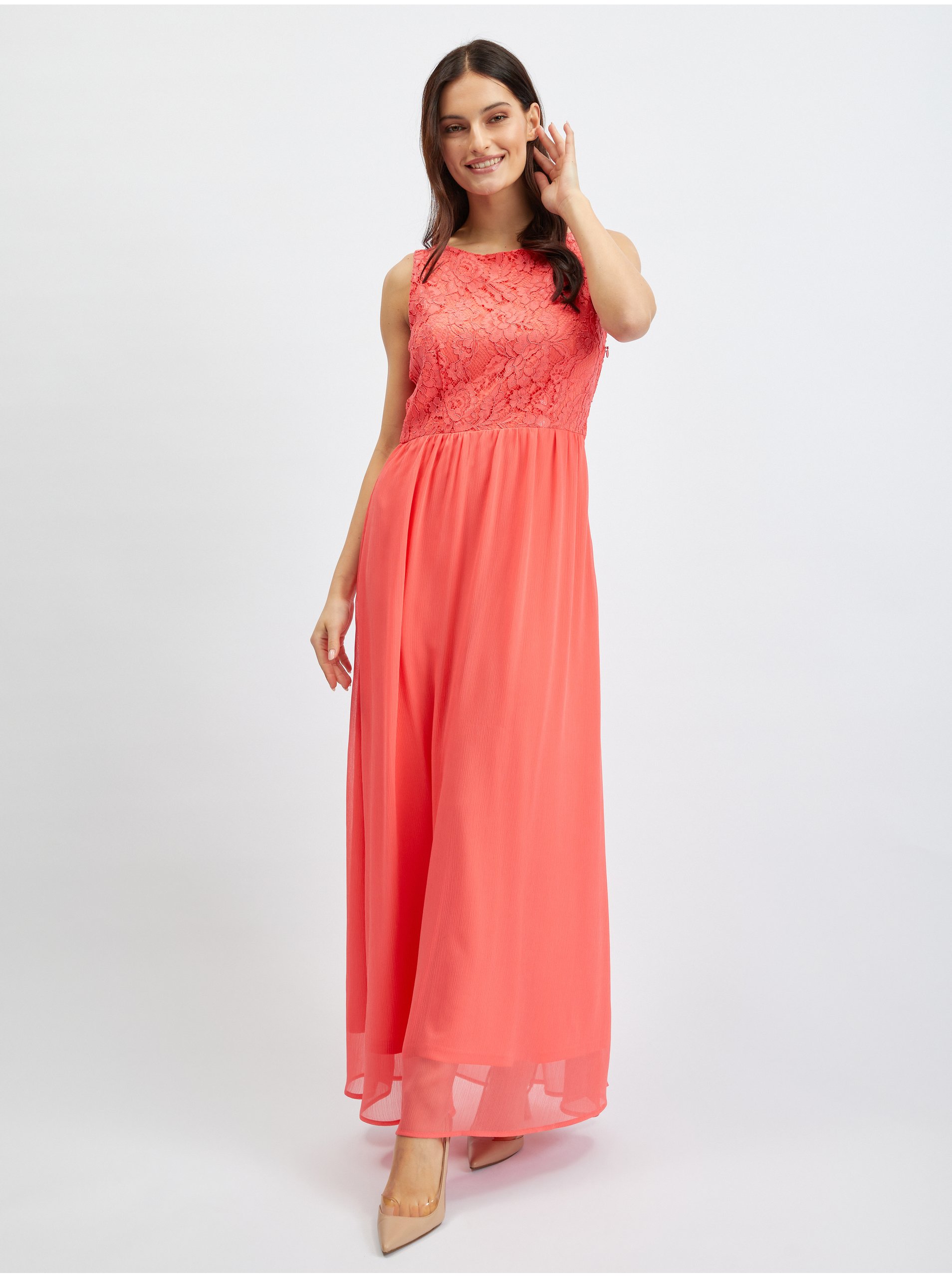 Levně Orsay Růžové dámské krajkované maxi šaty - Dámské