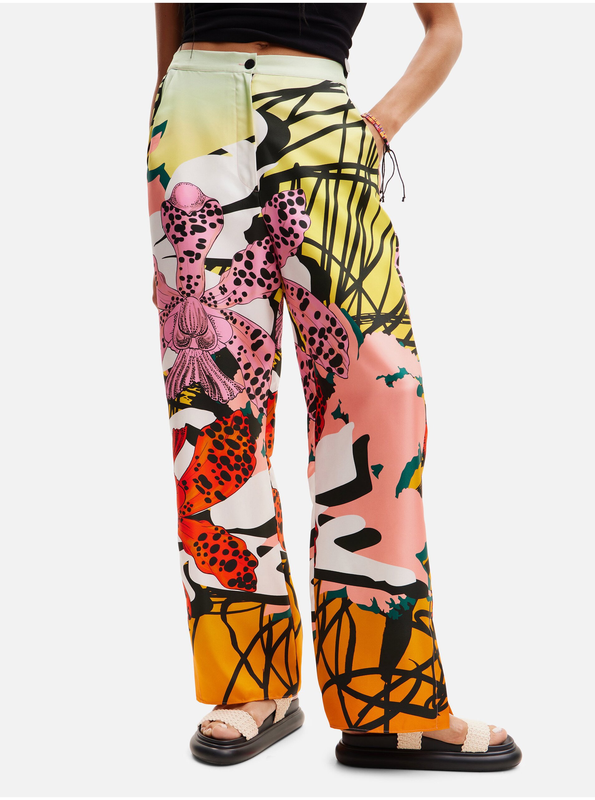 Women's Yellow and Pink Patterned Silk Trousers Desigual Ericeira - Women
