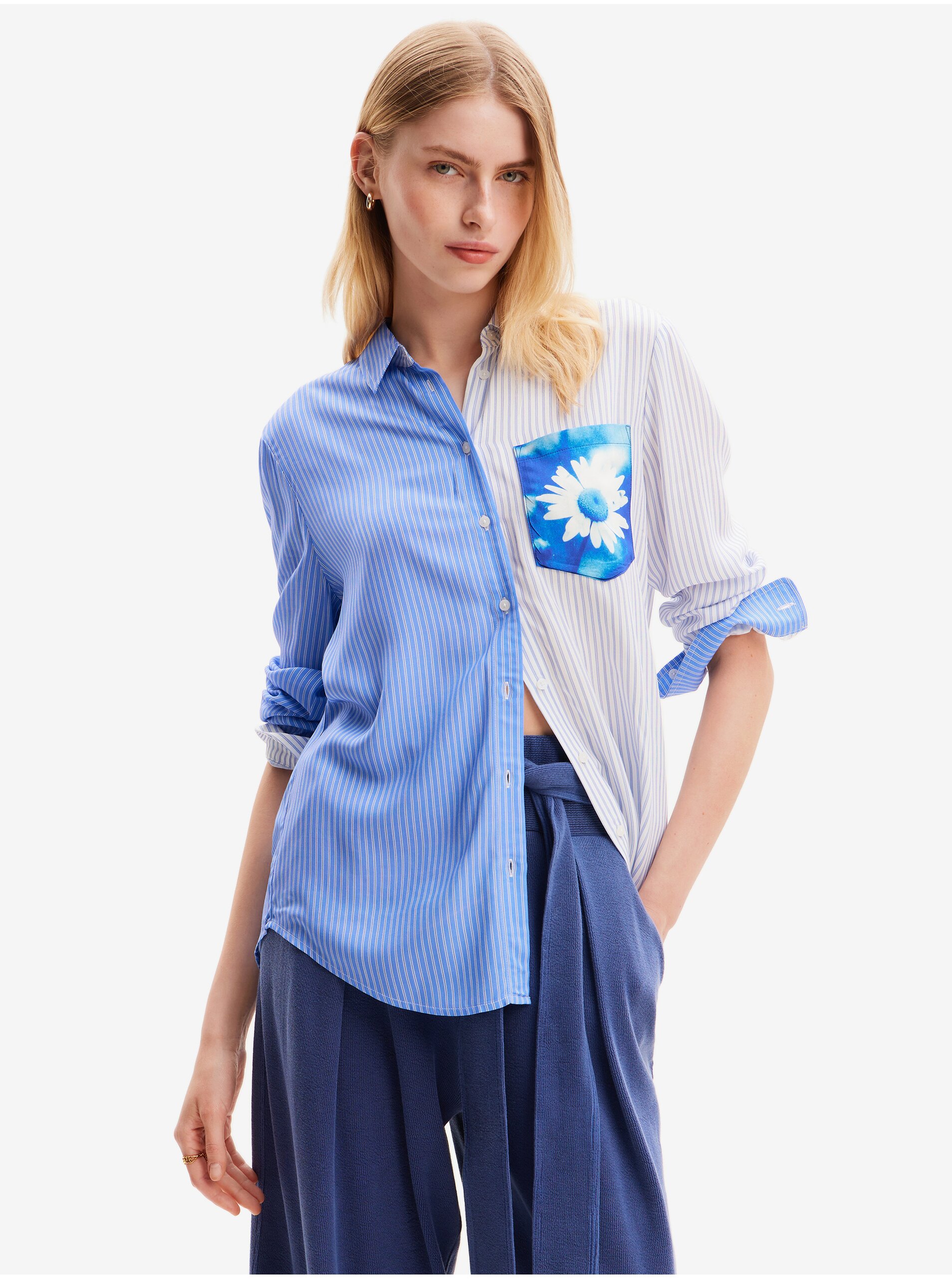 Women's White and Blue Striped Shirt Desigual Flower Pocket - Women