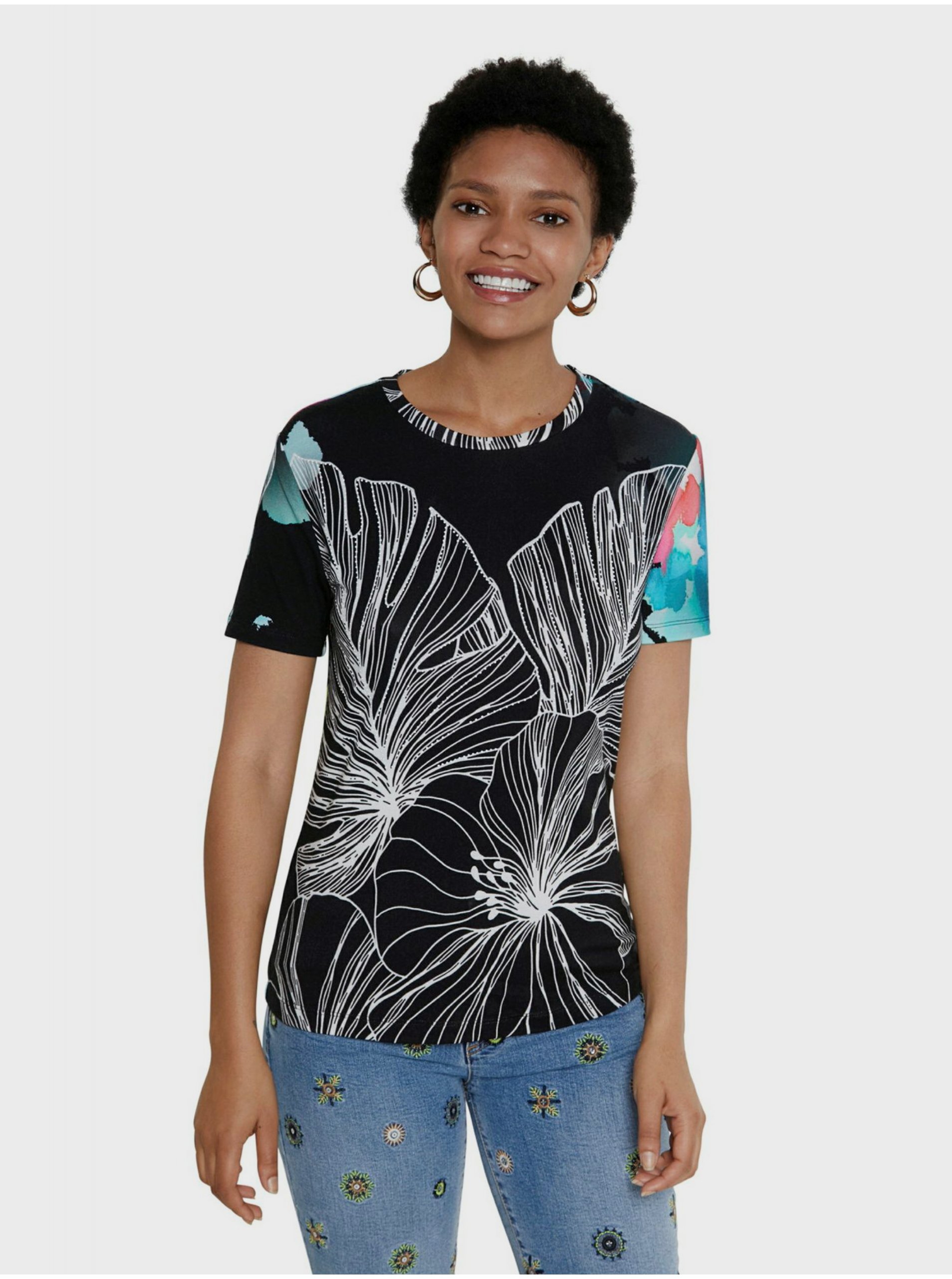 Levně Černé dámské vzorované tričko Desigual TS Leaves - Dámské