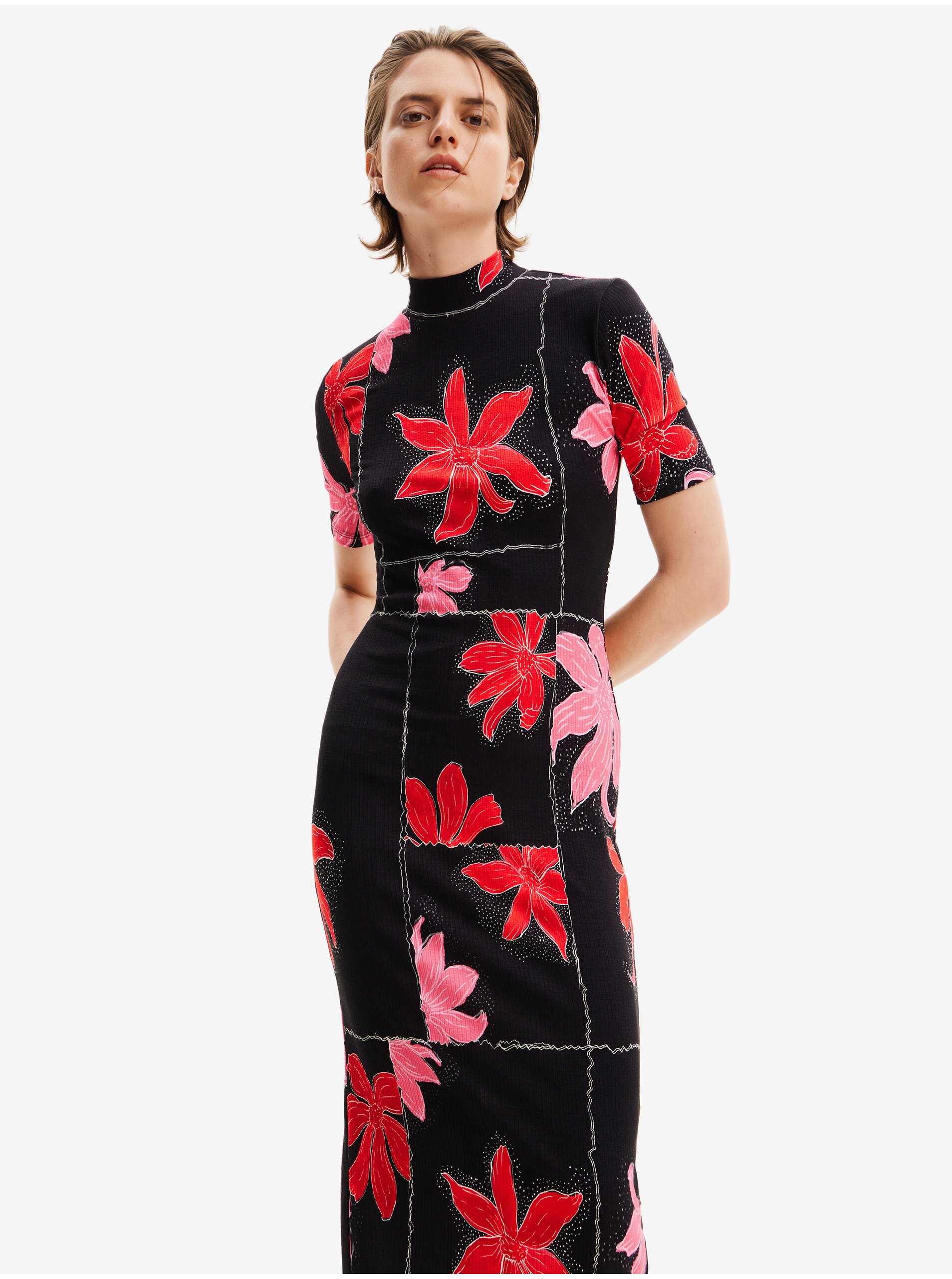 Red-Black Women's Floral Knit Midi Dress Desigual Quebec - Women